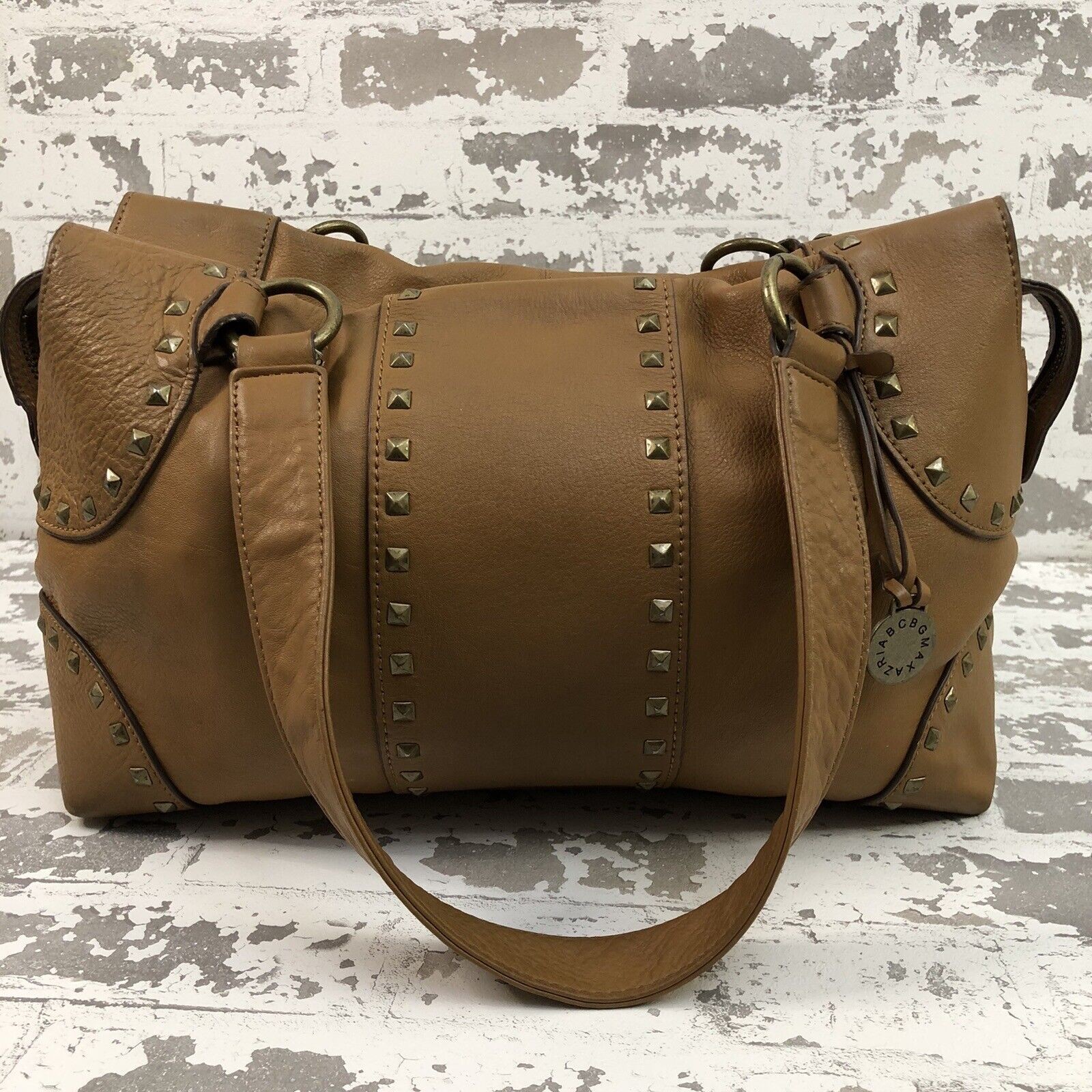 Pebbled Leather Handbag Zip Top Saddle Bag Metal Studs Rings Purse BCBG MAXAZRIA