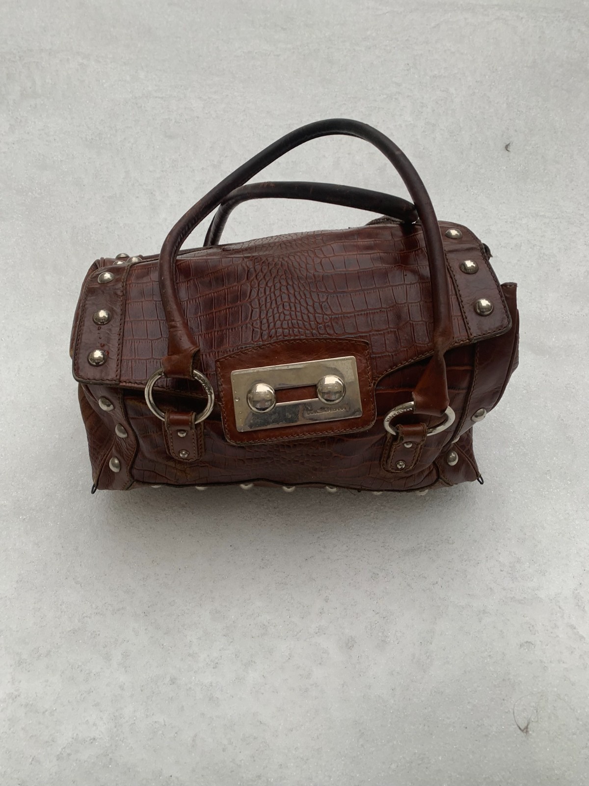 Vintage Dolce & Gabbana Brown Croc Leather Satchel Bag Studded AS IS Repair