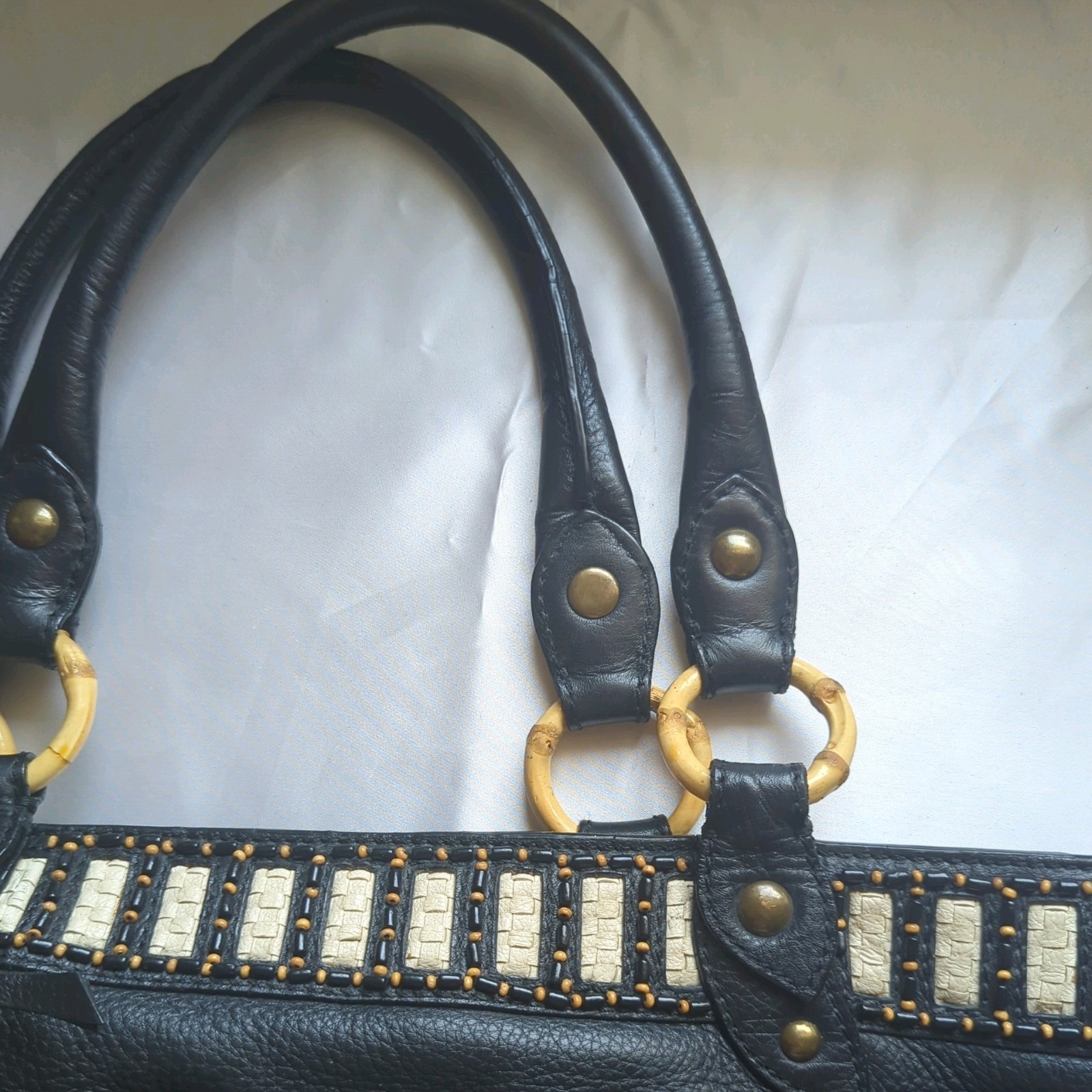 Isabella Fiore Large Black Beaded& Woven Leather Clutch Handbag
