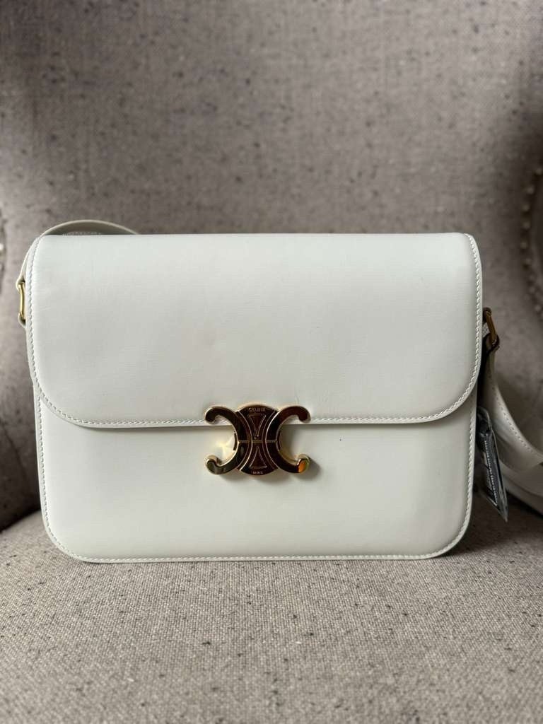 Celine Triomphe Flap Shoulder Crossbody Bag White Leather Gold Hardware