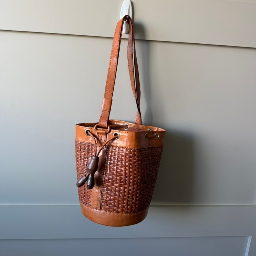 Bali Woven Leather Bucket Bag Womens Small Tan Drawstring Boho Shoulder Purse