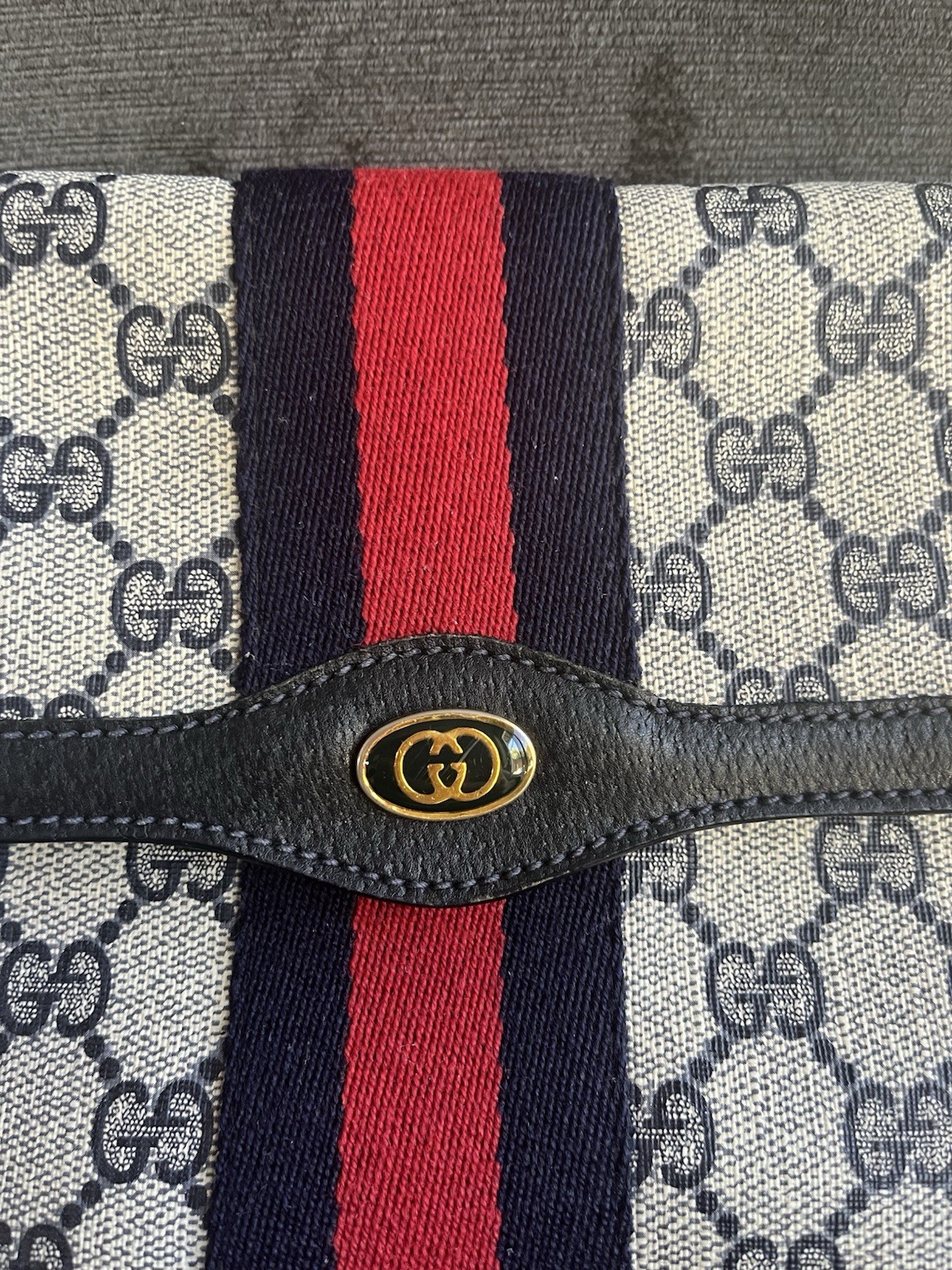 Vintage Gucci GG Monogram Clutch Bag Navy Web Stripe Canvas Leather Italy
