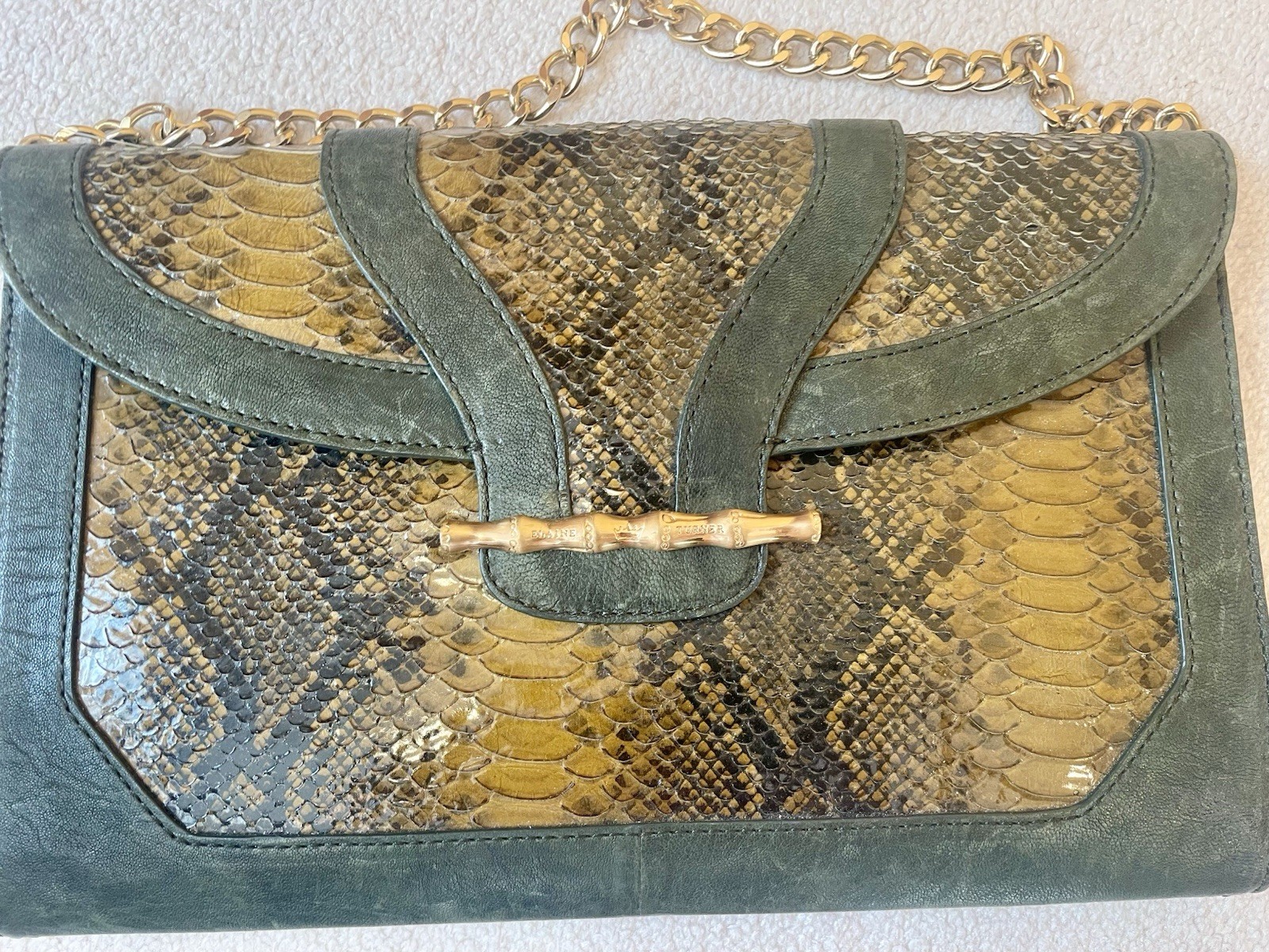 New Elaine Turner Deep Olive Green Leather Bag Clutch Snake Skin Print Gold