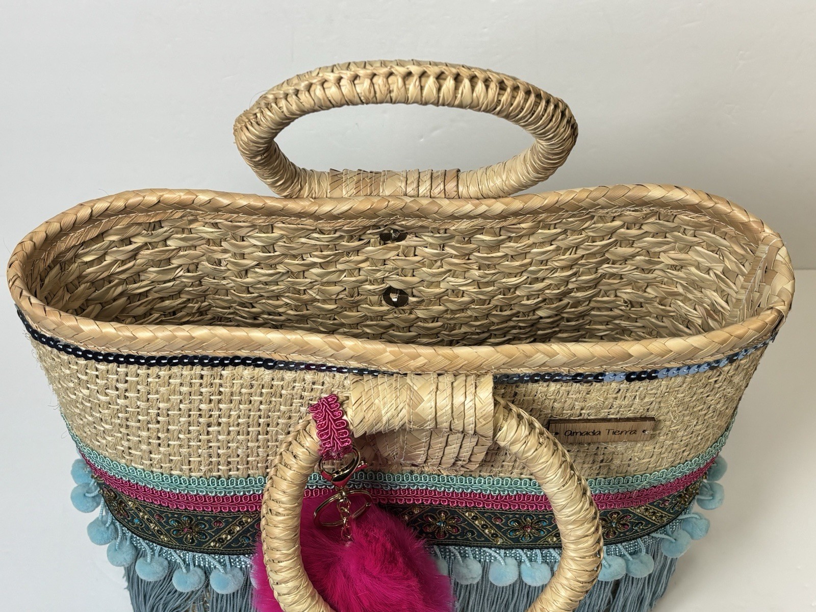 Amanda Tierra Straw Tote Beach Bag Purse Fridge Pom Pom Artisan Bohemian 13×11