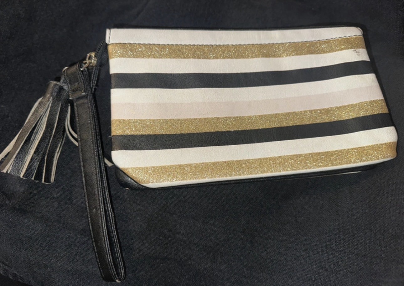 Betsey Johnson Black White Gold Glitter Zipper Wristlet Strap Bag