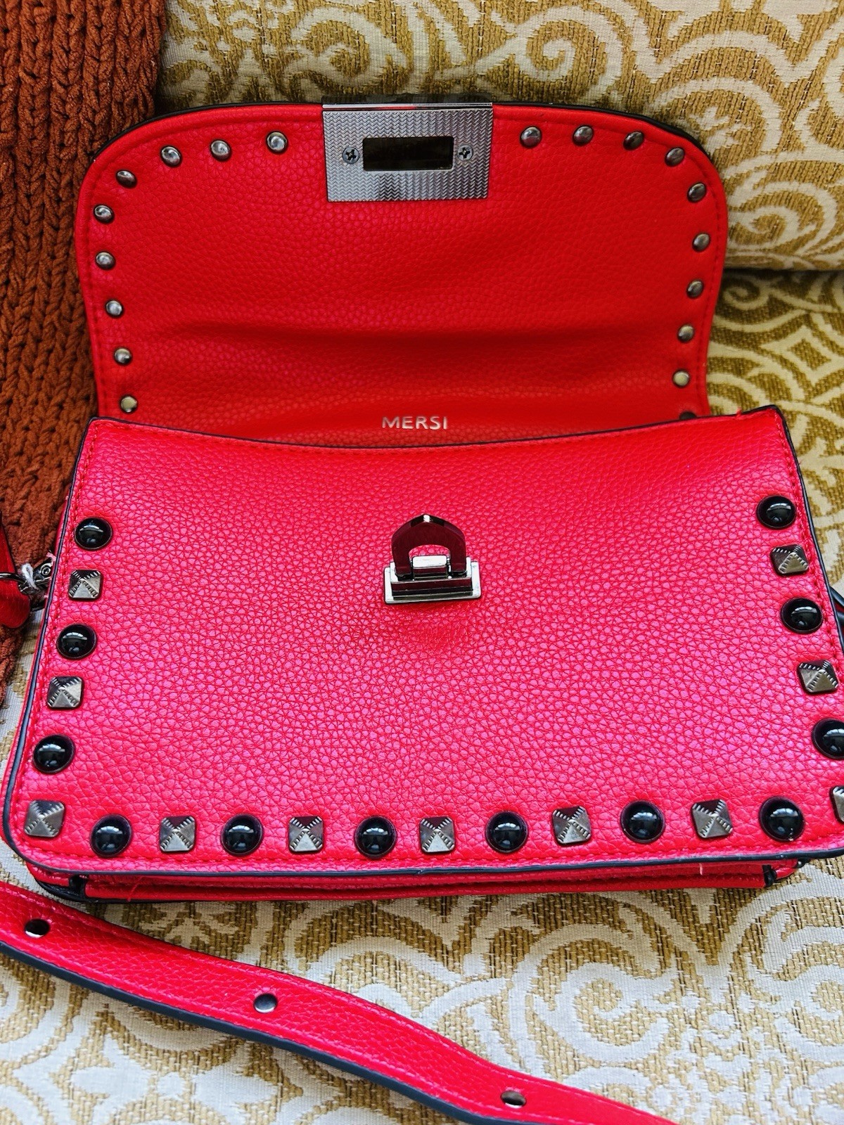 MERSI Red Studded Shoulder Bag Pebbled Leather Silver Hardware Rectangle