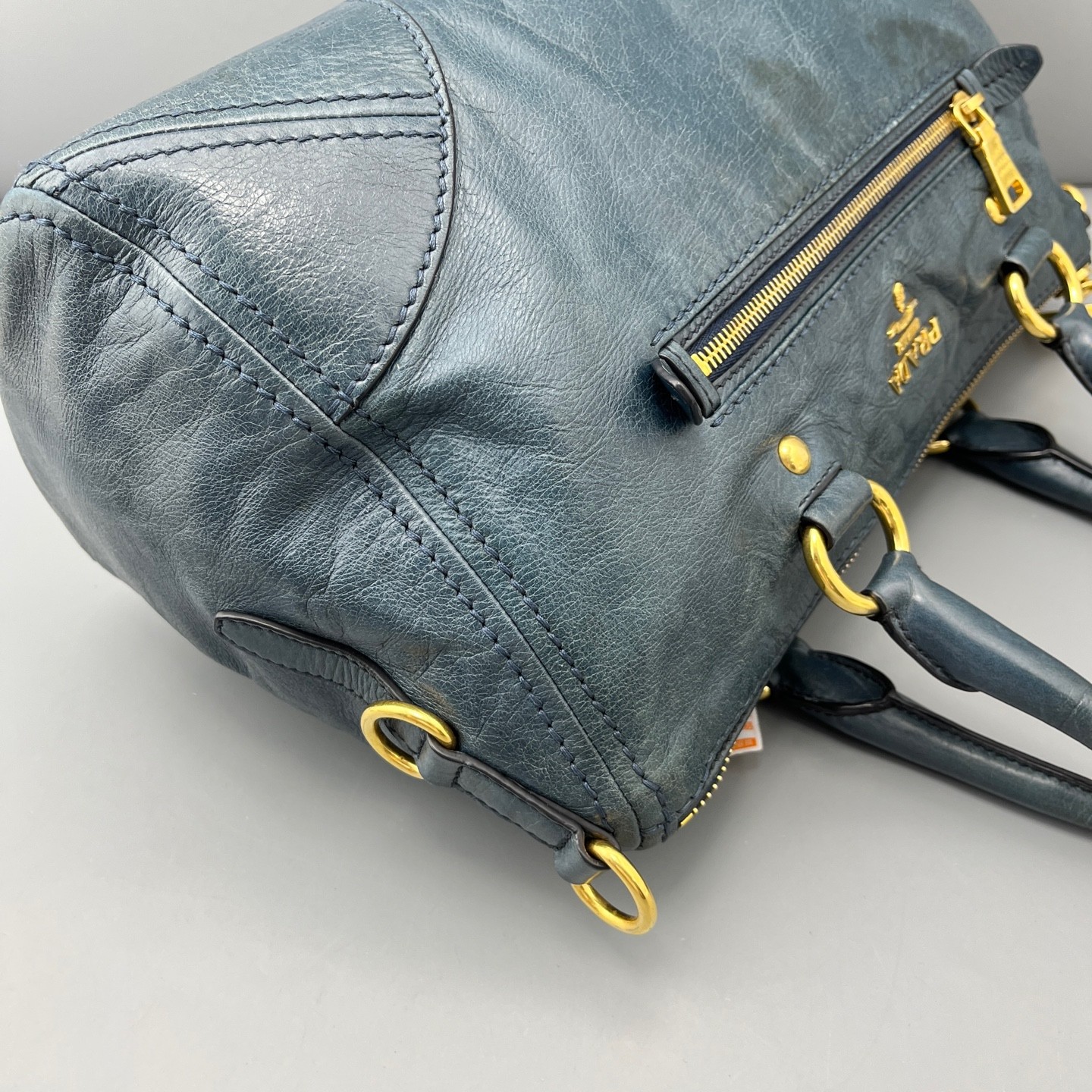 Prada Large Blue Waxed Leather Handheld & Shoulder Carry Bag Duty Paid