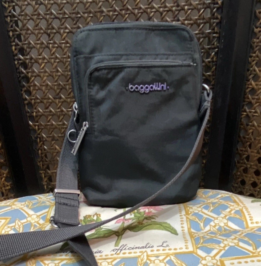 baggallini Dark Gray Small Crossbody Bag, Adjustable Strap, Zipper Pockets Purse