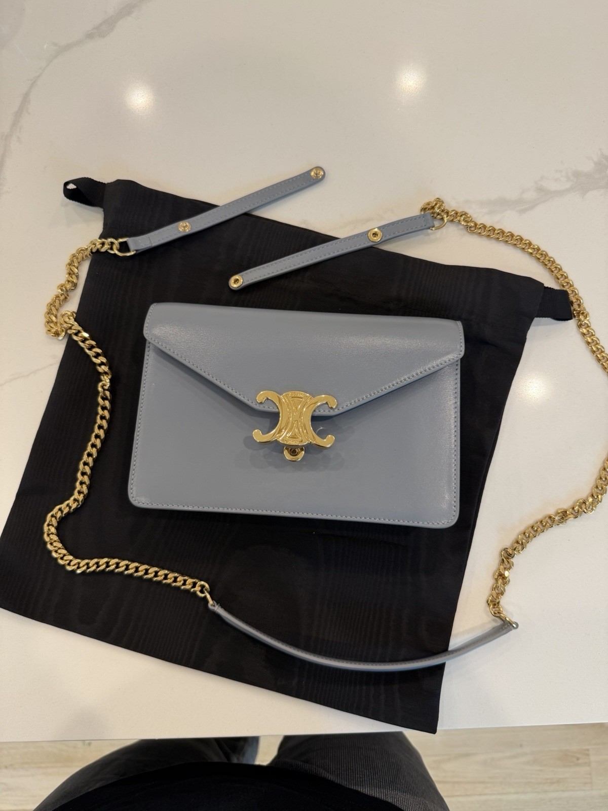 Celine Wallet On Chain , Triomphe Bag With Chains, Leather Blue Grey, authentic