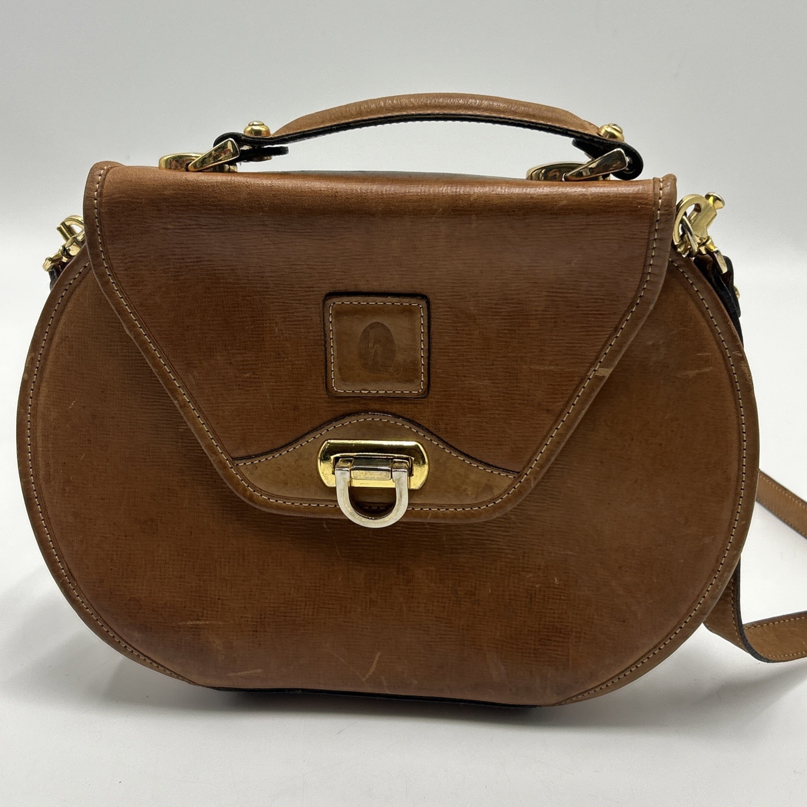VINTAGE HARTMANN Medium Size Brown Leather Flap Crossbody Shoulder Handbag