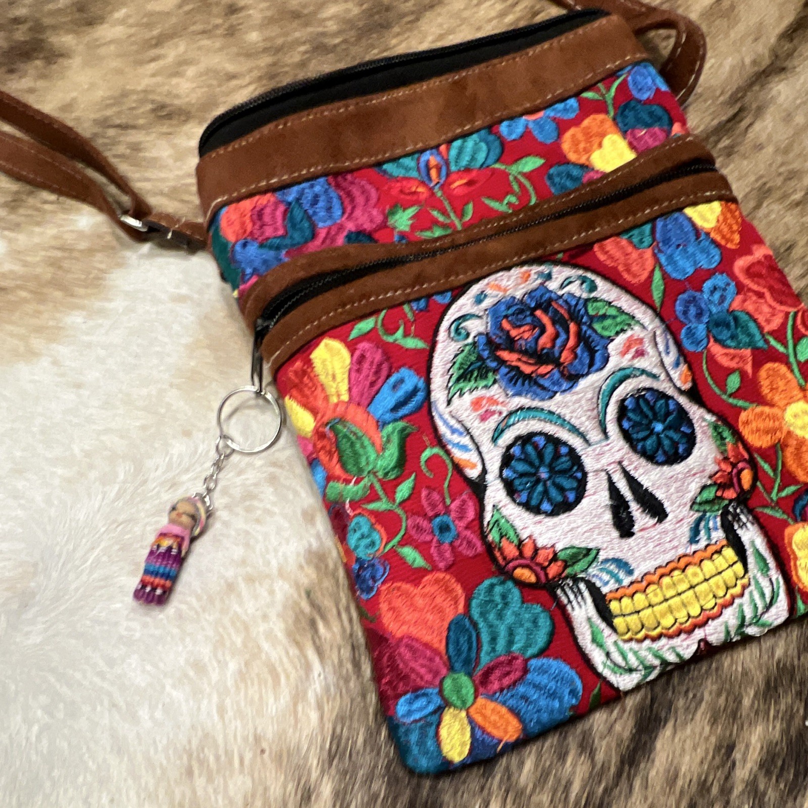 Embroidered Sugar Skull Floral Small Women’s Crossbody Bag, Zip, Lined Charm