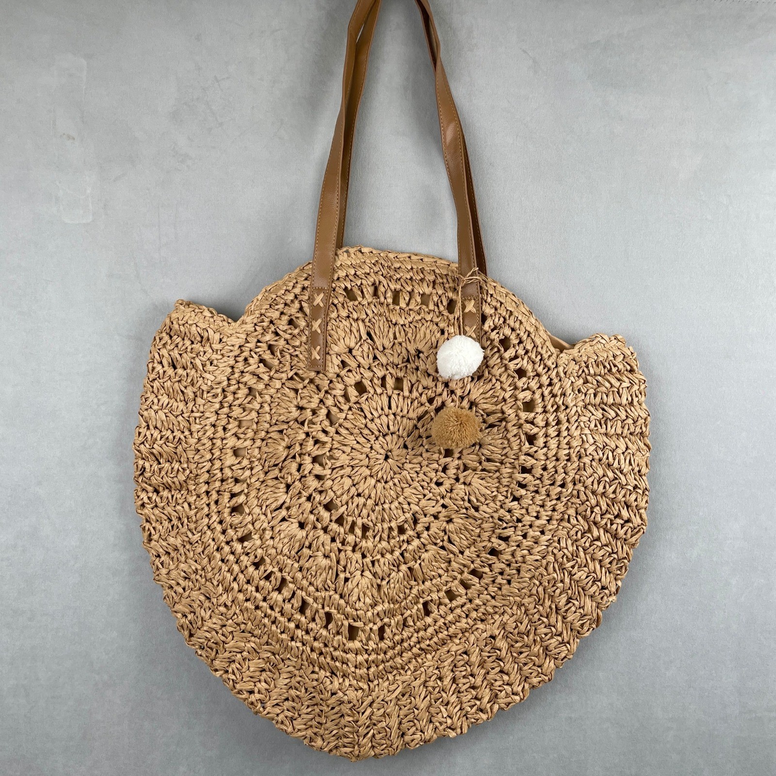 Large Round Woven Straw Tote Bag Brown Faux Leather Straps Pom Poms Boho Beach