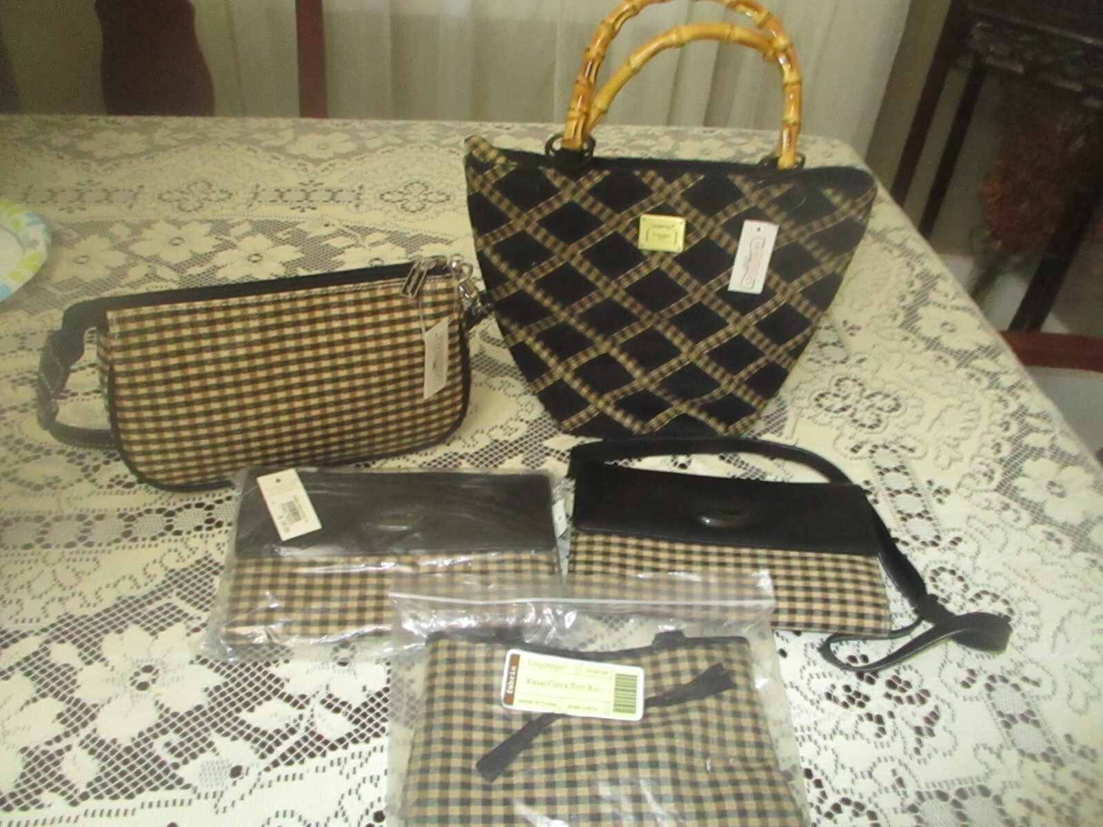 Lot of 5 Longaberger Homestead Purse Wallet Tote+ More Black Beige Check NWT’S