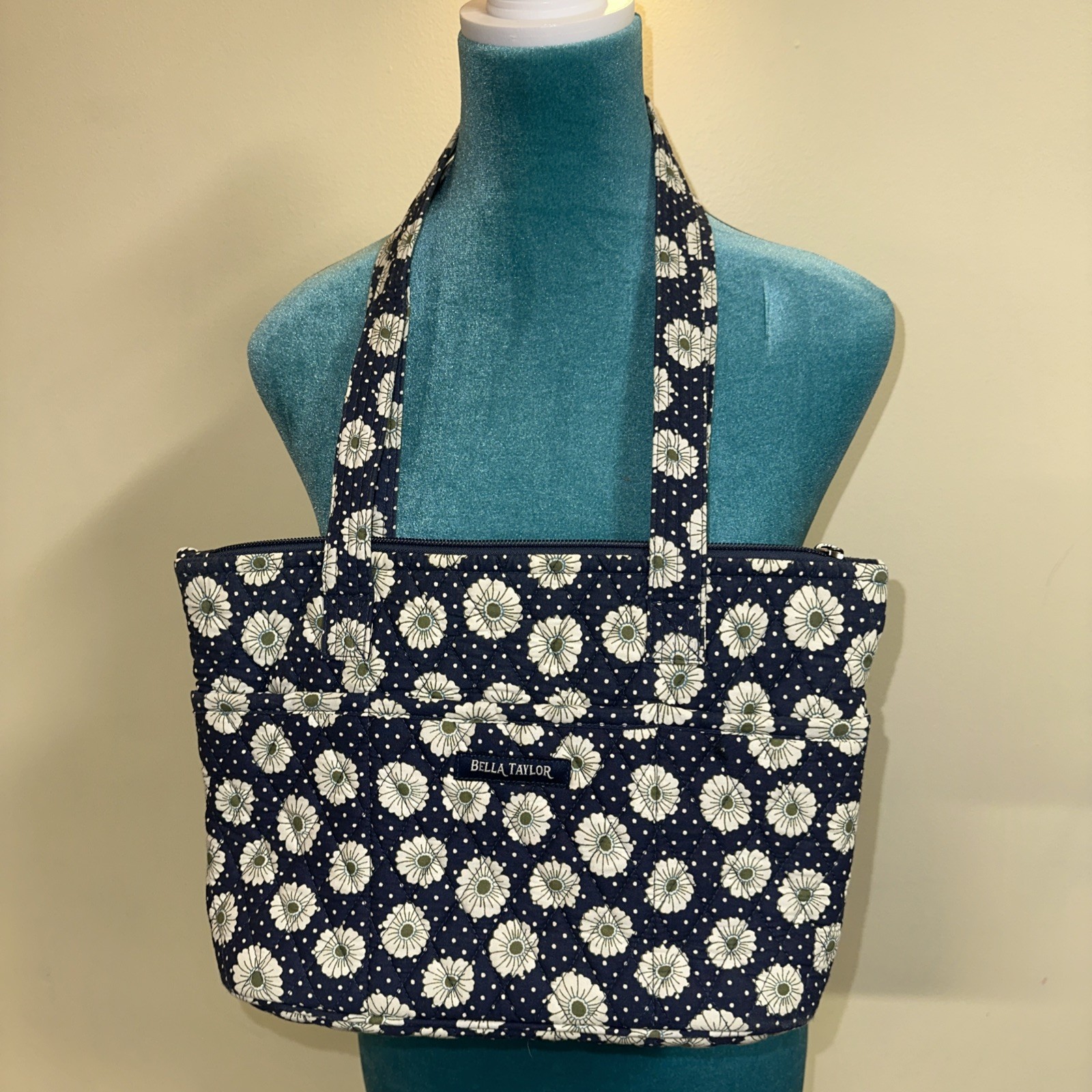 Bella Taylor Small Tote Dotted Daisy Navy Shoulder Quilted Cotton Logo Zipper EC
