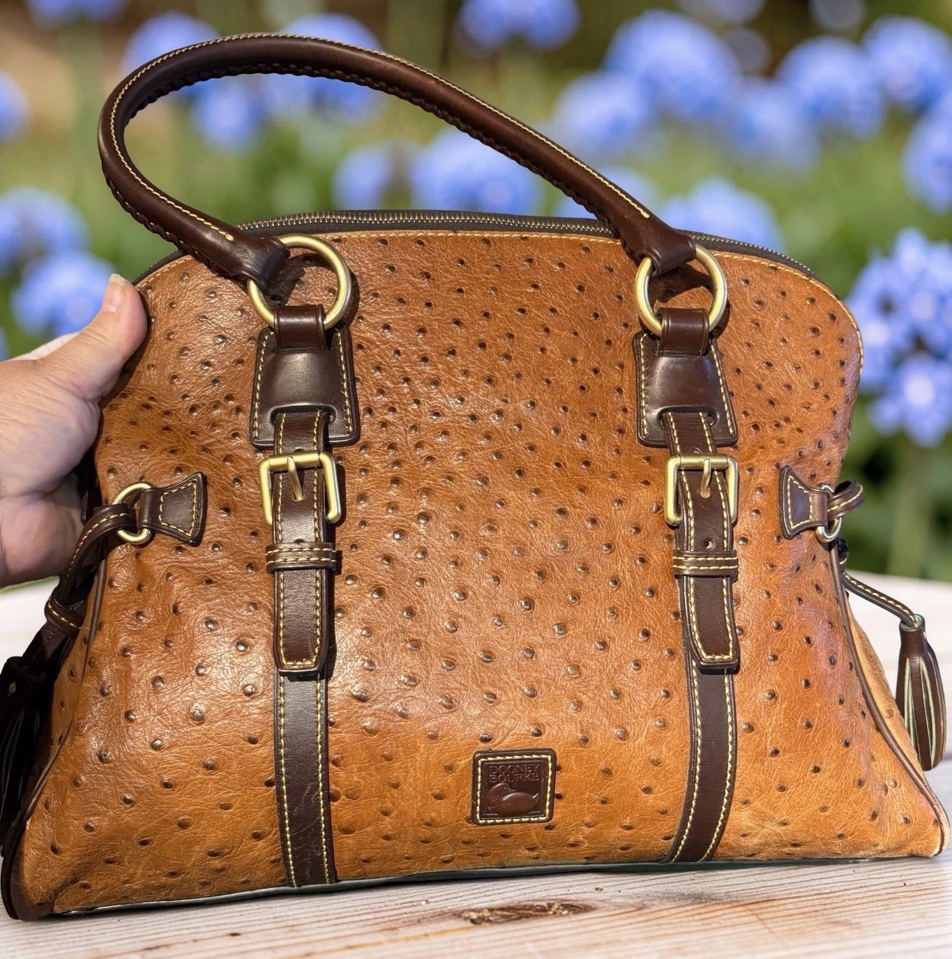 Dooney Bourke Chestnut Cognac Brown Ostrich Embossed Leather Large Satchel Bag