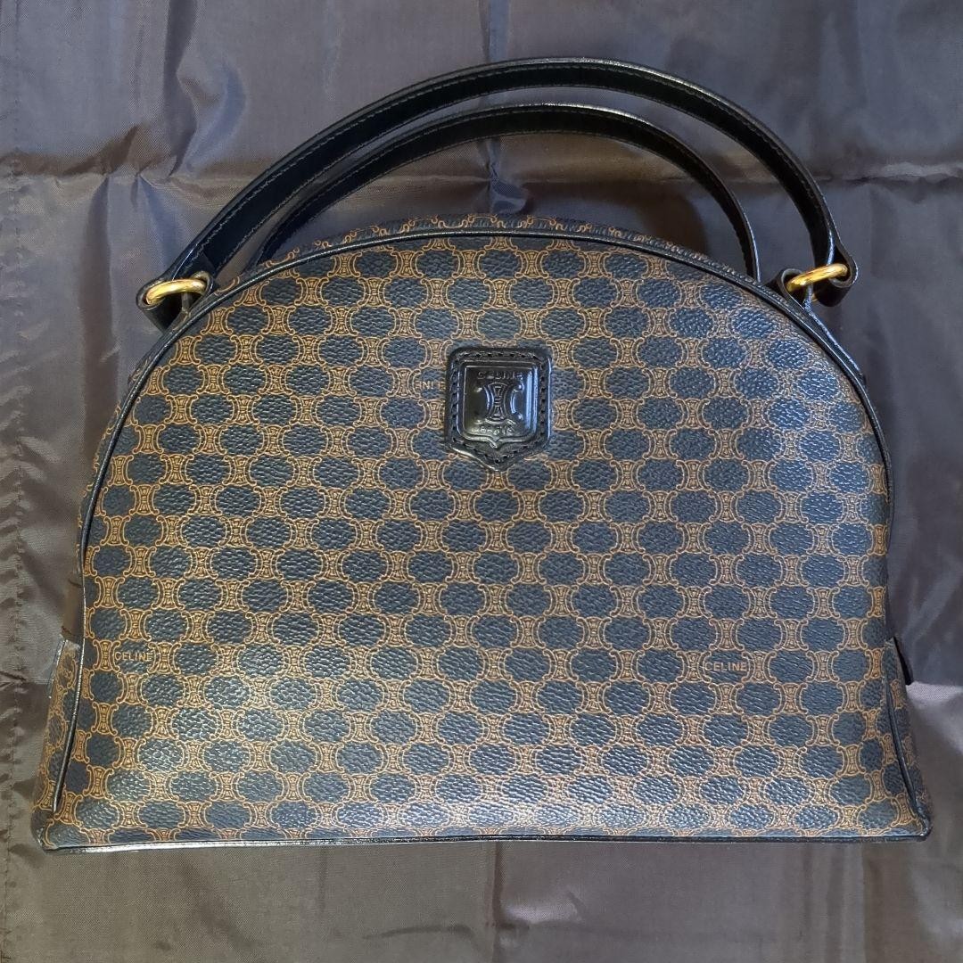 CELINE Macadam Pattern Leather Handbag Black Brown Dome Vintage Authentic