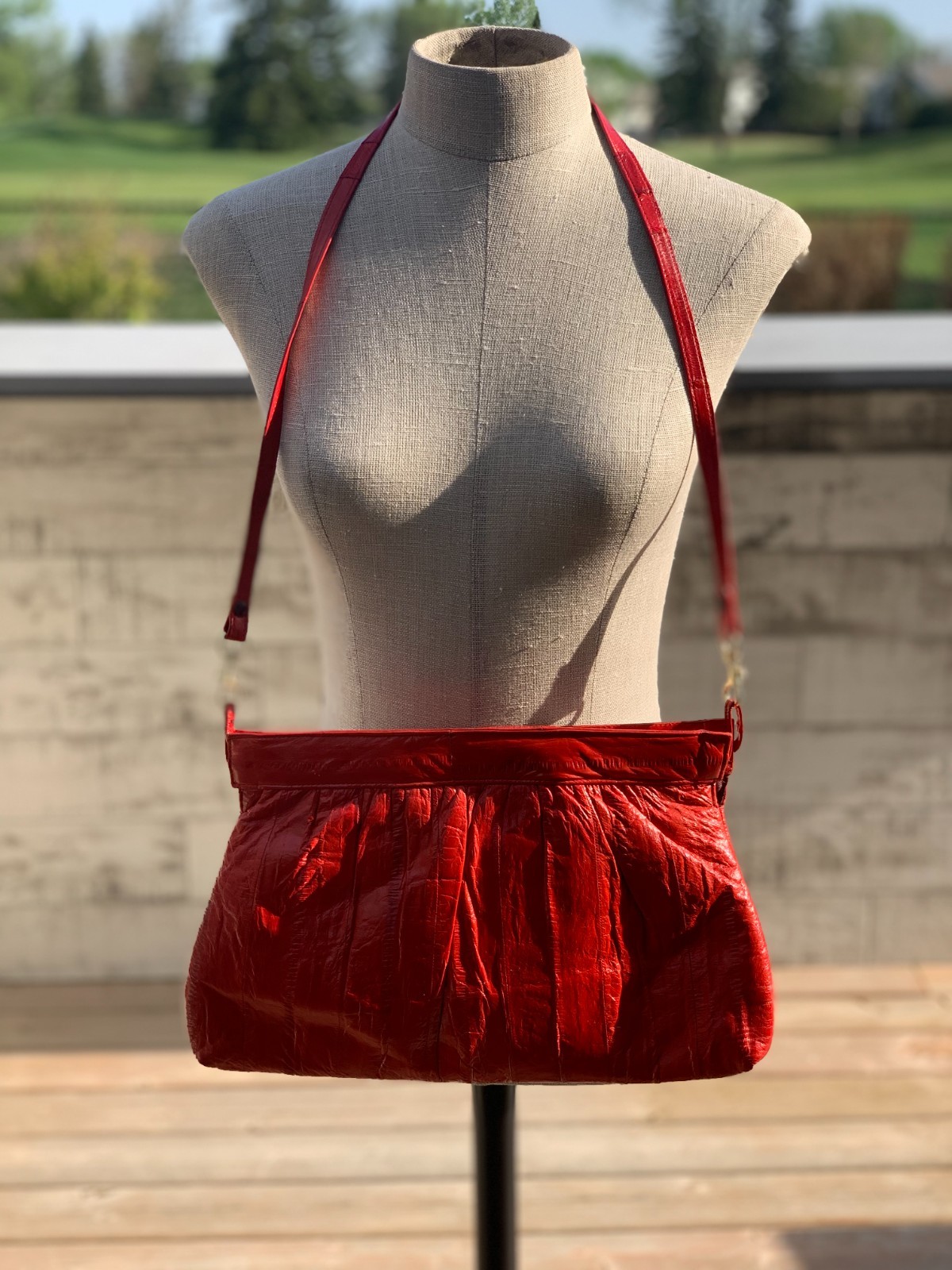 Vintage 80s 90s Red Eel Skin Shoulder Bag Convertible Clutch Purse Retro Handbag