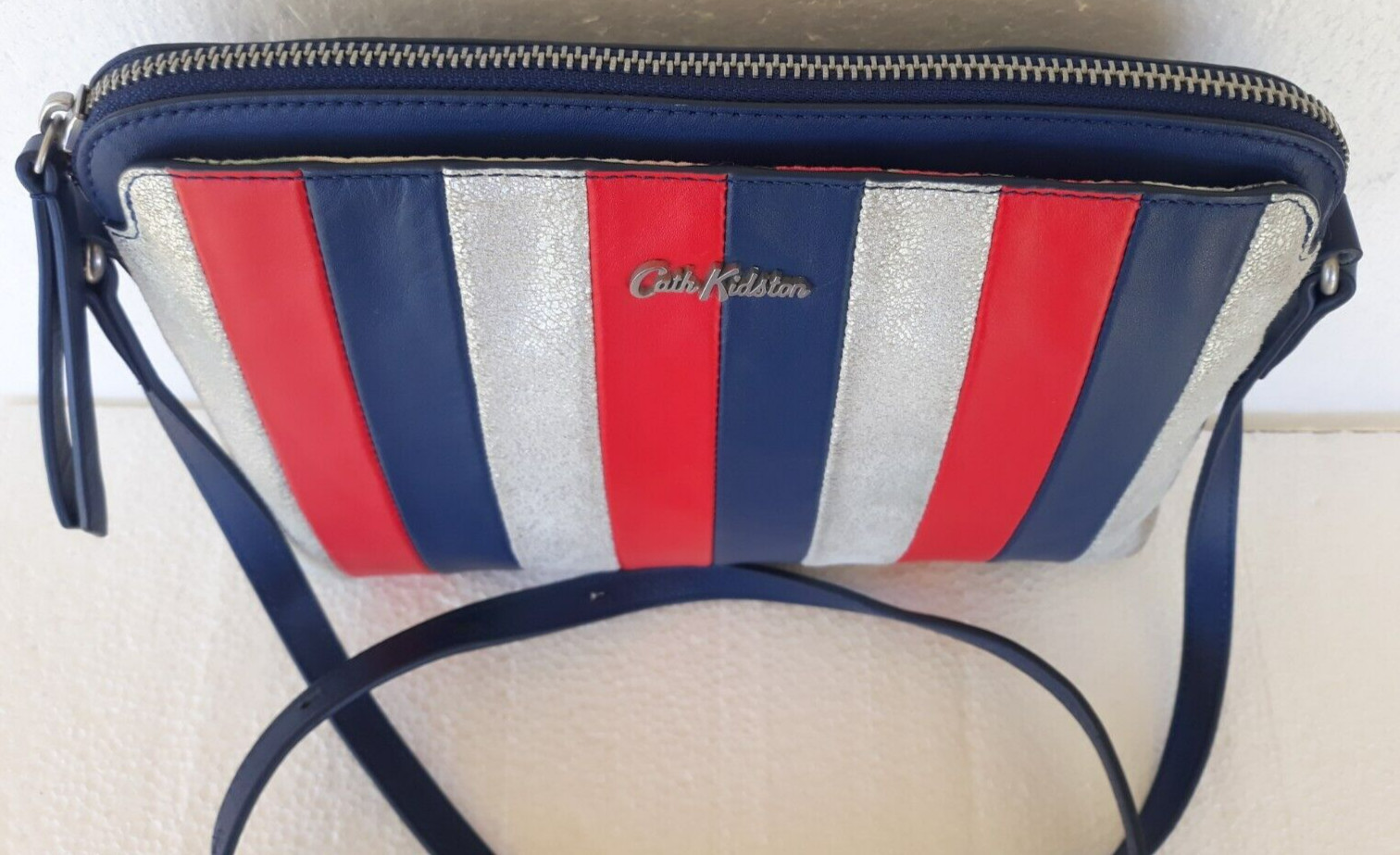 Cath Kidston ~Leather Red Blue Silver Stripe Crossbody Bag ~ 7″ x 10″ ~Very Nice