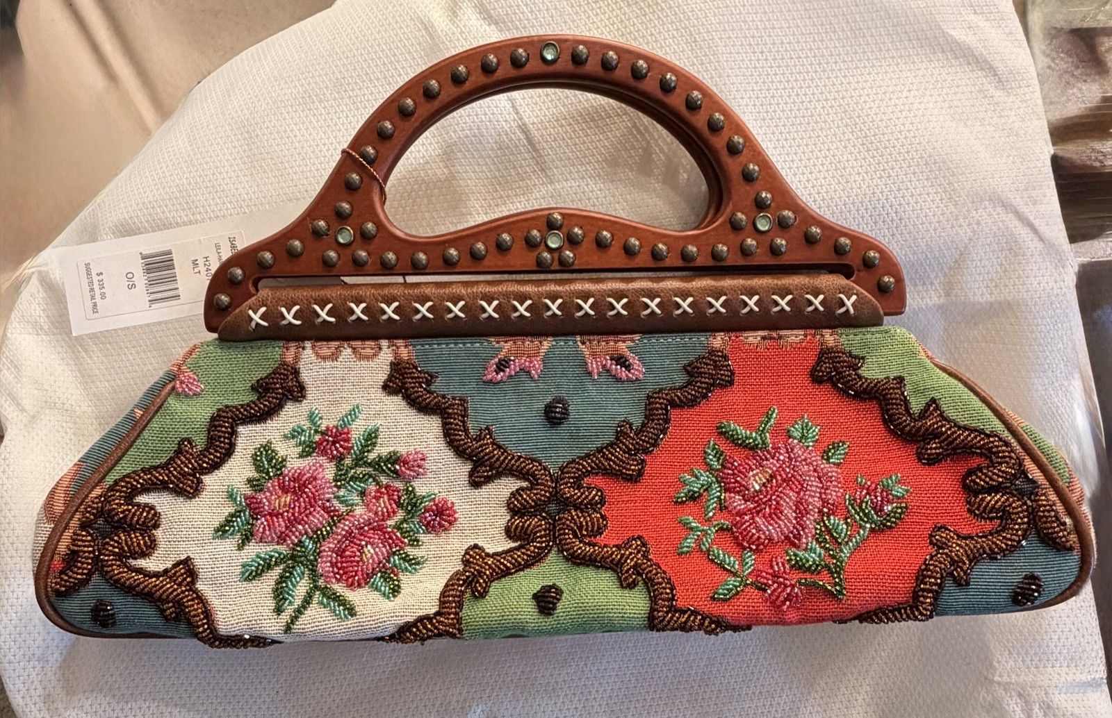 Vintage Isabella Fiore Beaded Floral Satchel Handbag-Studded Wood Handle