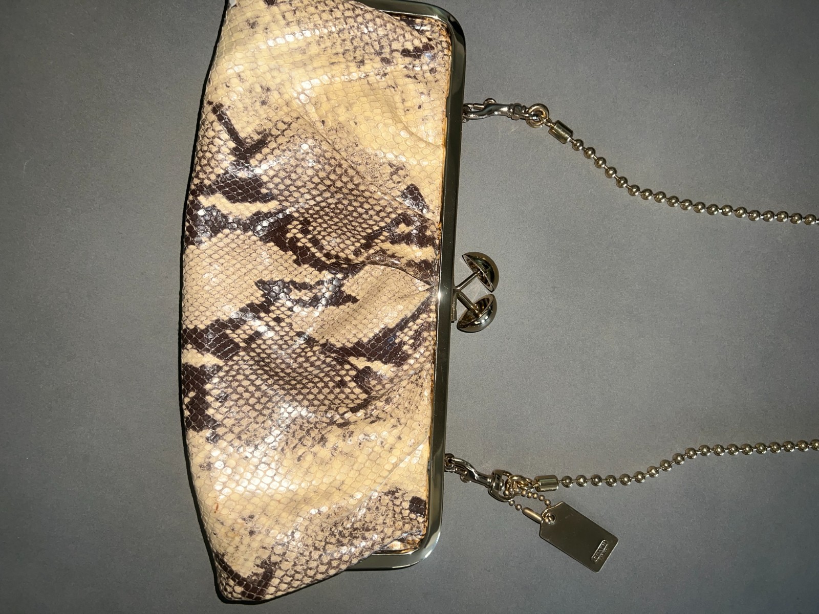 Authentic Coach Snakeskin Print Kiss Lock Clutch Evening Bag Chain Purse