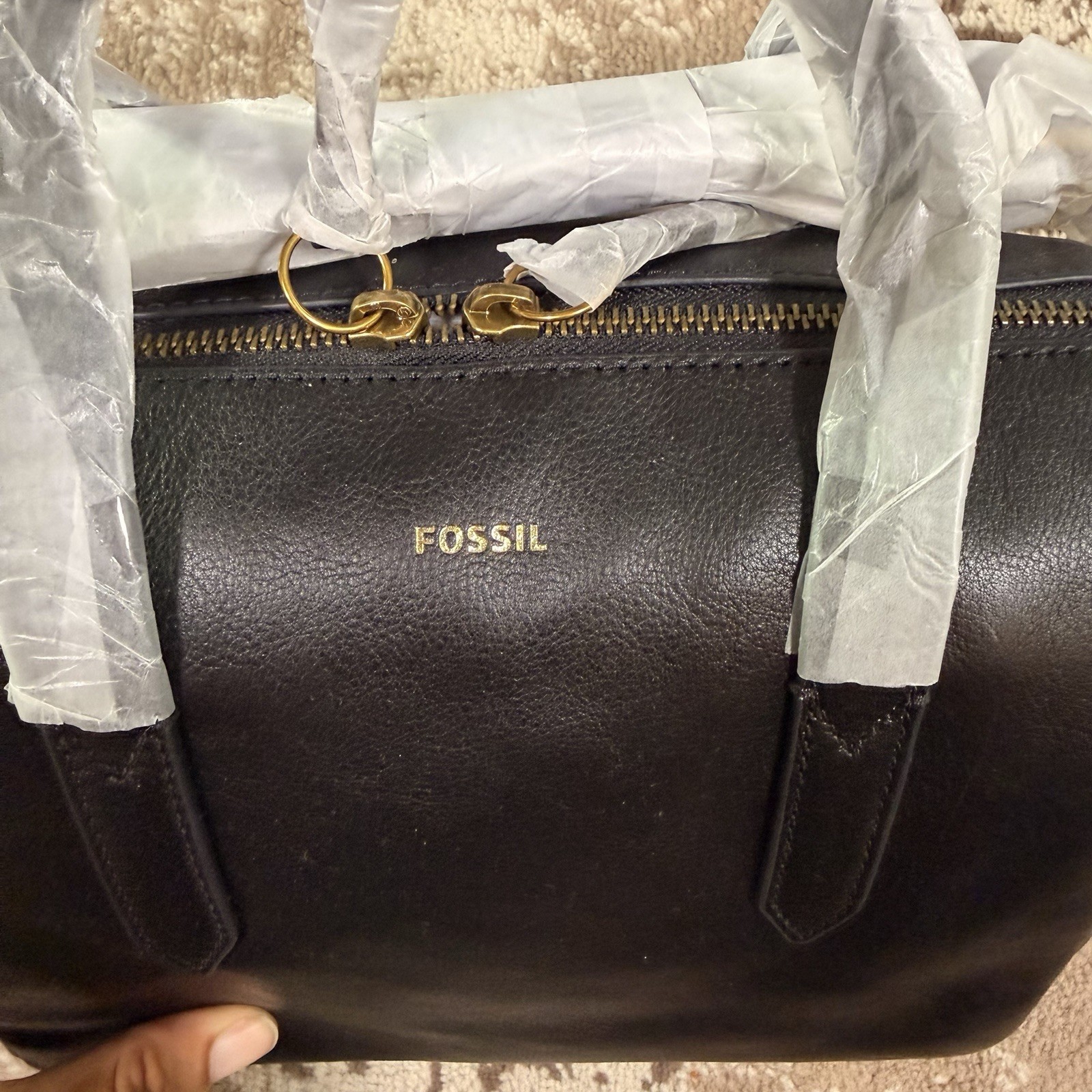 Fossil Sydney Satchel Black Pebbled Leather Crossbody Top Handle Bag Zip