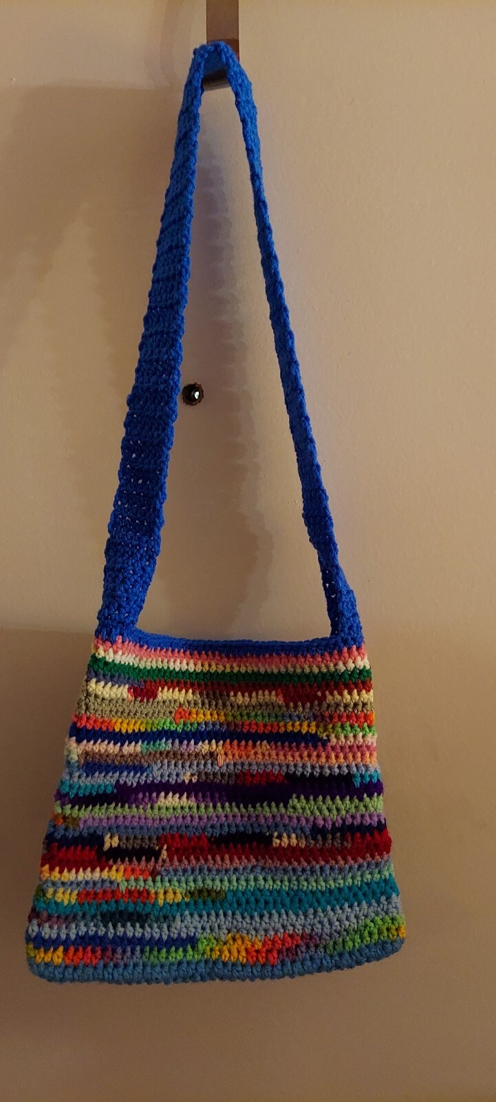 Blue Lagoon Crossbody Tote, 11 x 11 inches, 18 inch strap, hand crocheted