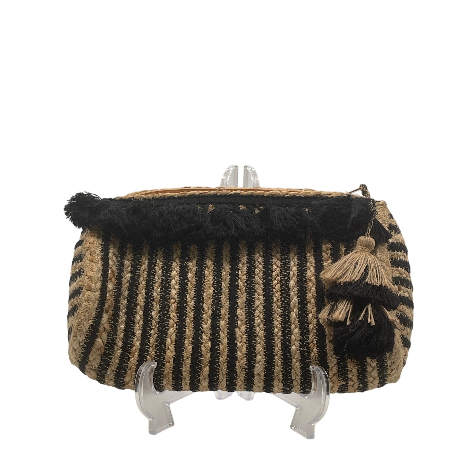 Black and Natural Stripe Jute Clutch Purse with Tassel Detail