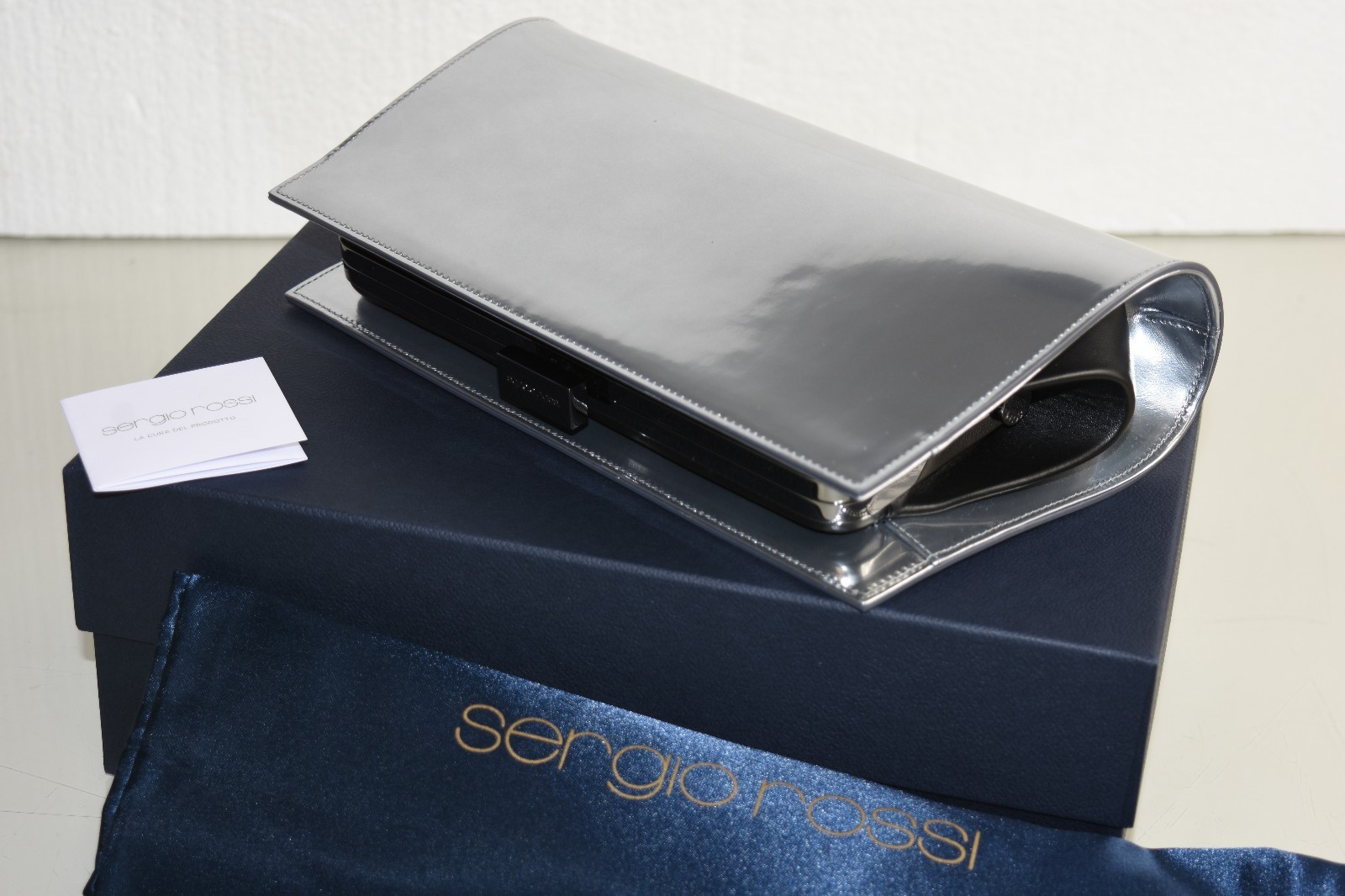 $1265 NEW Sergio Rossi Clutch Bag Chameleon Silver Patent Leather Mirror RARE