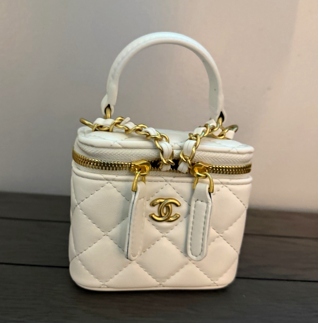 CHANEL White Quilted Mini Top Handle Bag Chain Strap Zip Gold Hardware