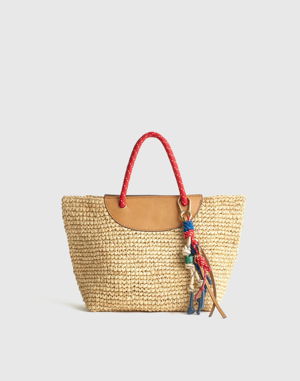 J.Crew Woven Mini Tote Festival Red Multi Raffia Straw Leather Trim OA249 Bag