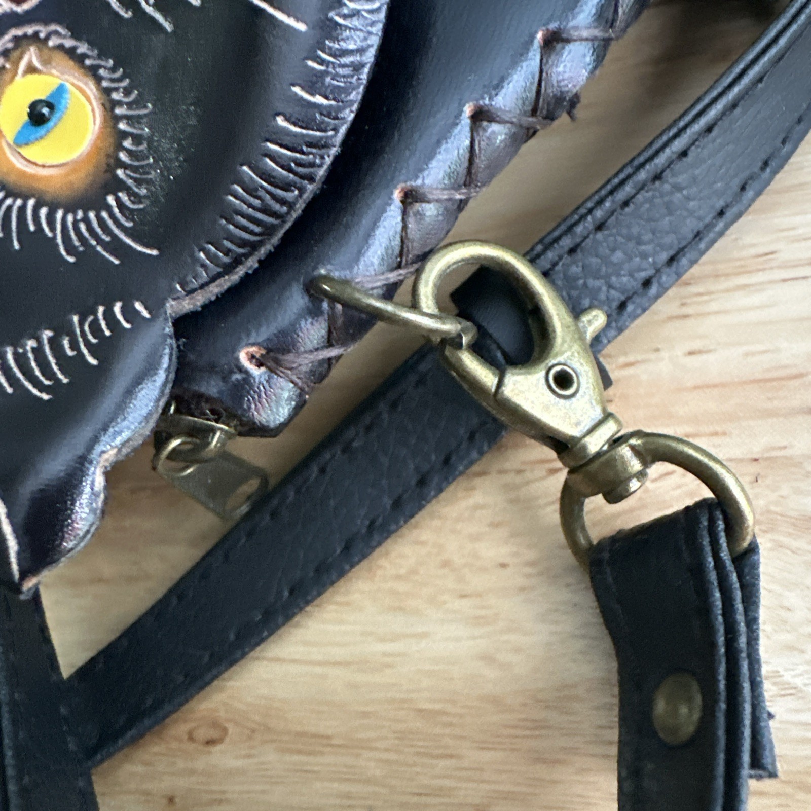 Vintage Hand Tooled Leather Black Cat Crossbody Purse Whimsical 3D Bag gothic
