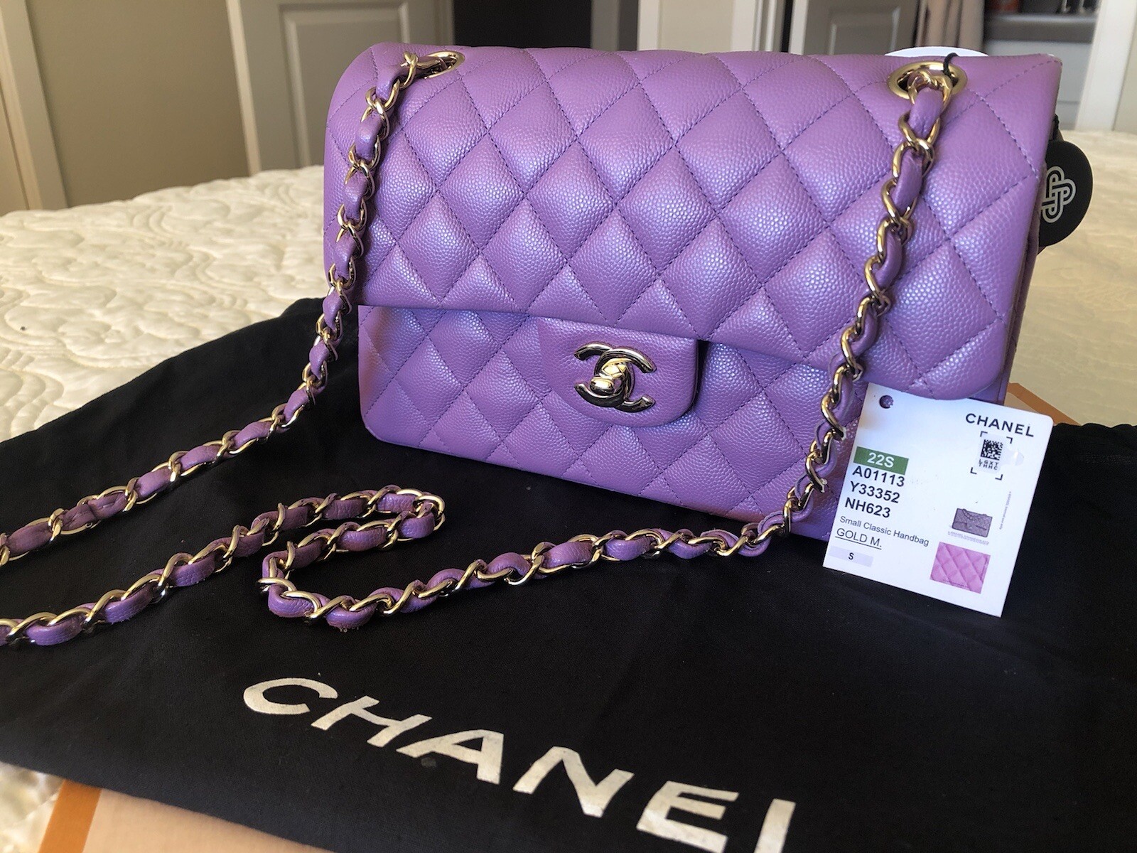 CHANEL 22S Purple Caviar GHW Quilted SMALL Double Flap