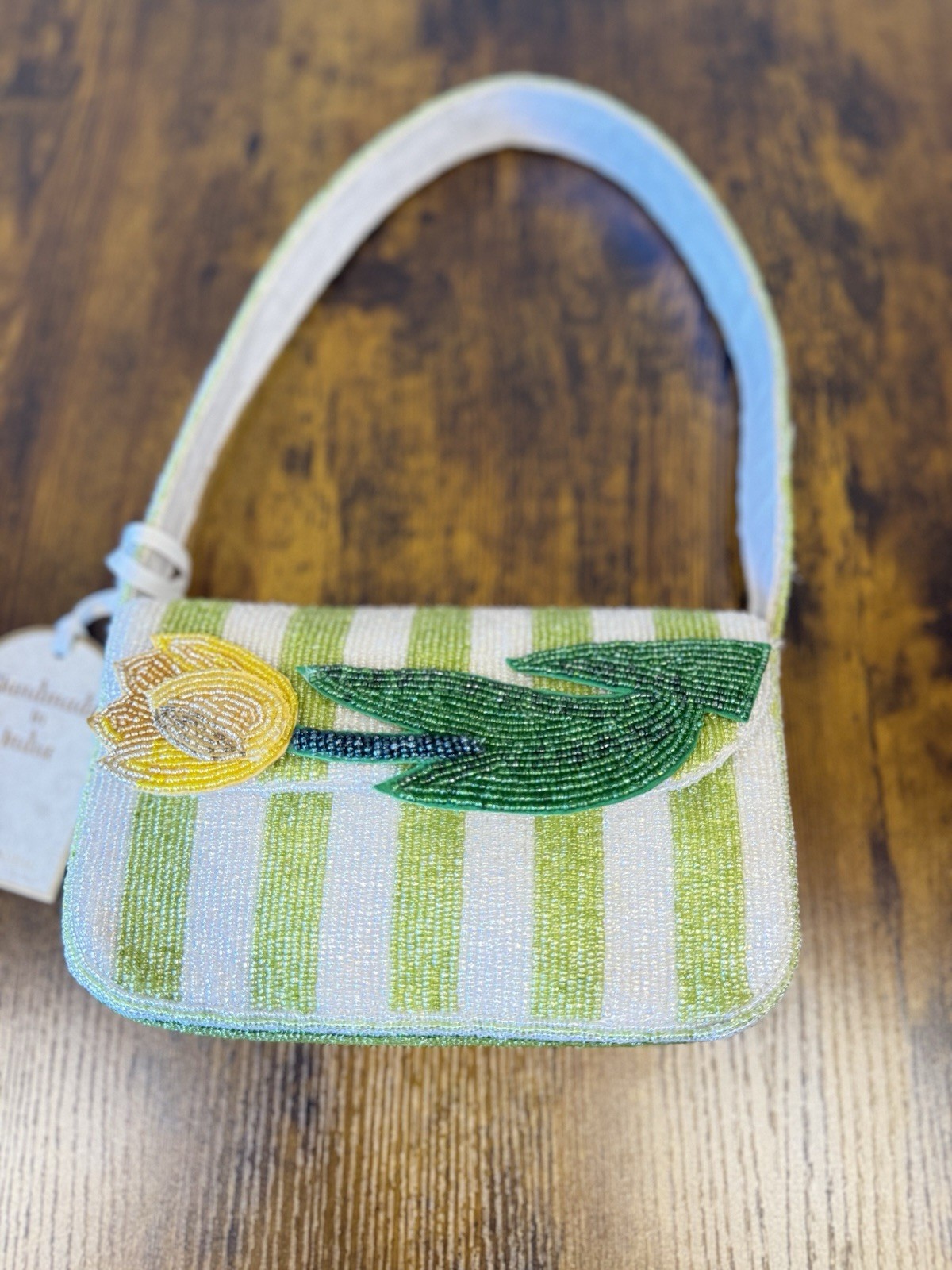 Viral Made In India Beaded Yellow Tulip Purse With White And Green stripes