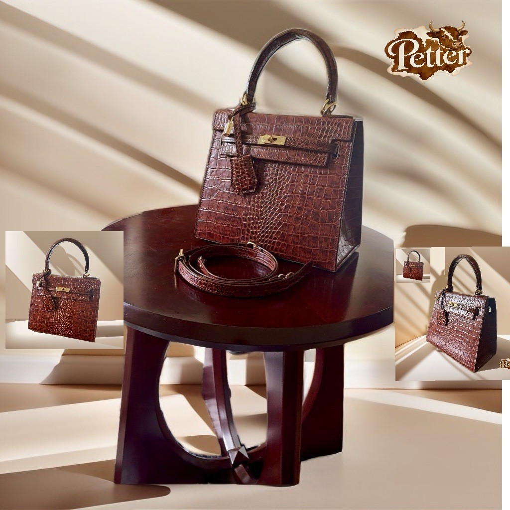 Petter Brown Croc Pattern Top Handle Satchel Turn Lock
