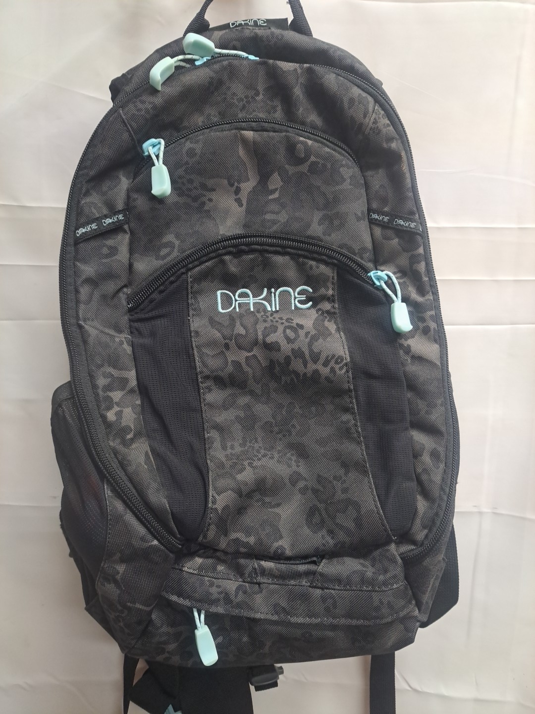 Dakine Black Leopard Print 18inch Back Pack With Light Blue Accents