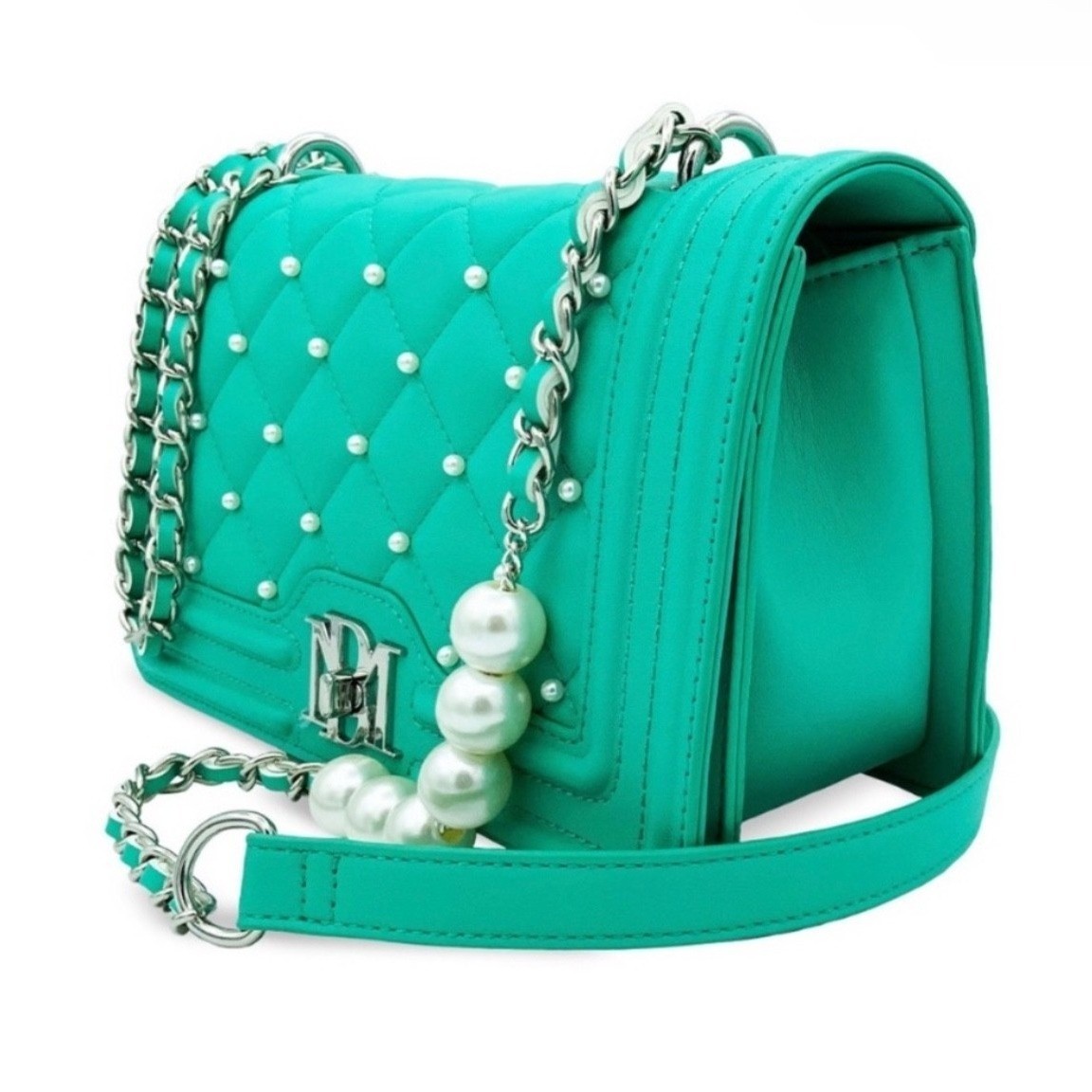 Badgley Mischka Green Quilted Pearl Letter Lock Crossbody Bag BM-4136 NEW