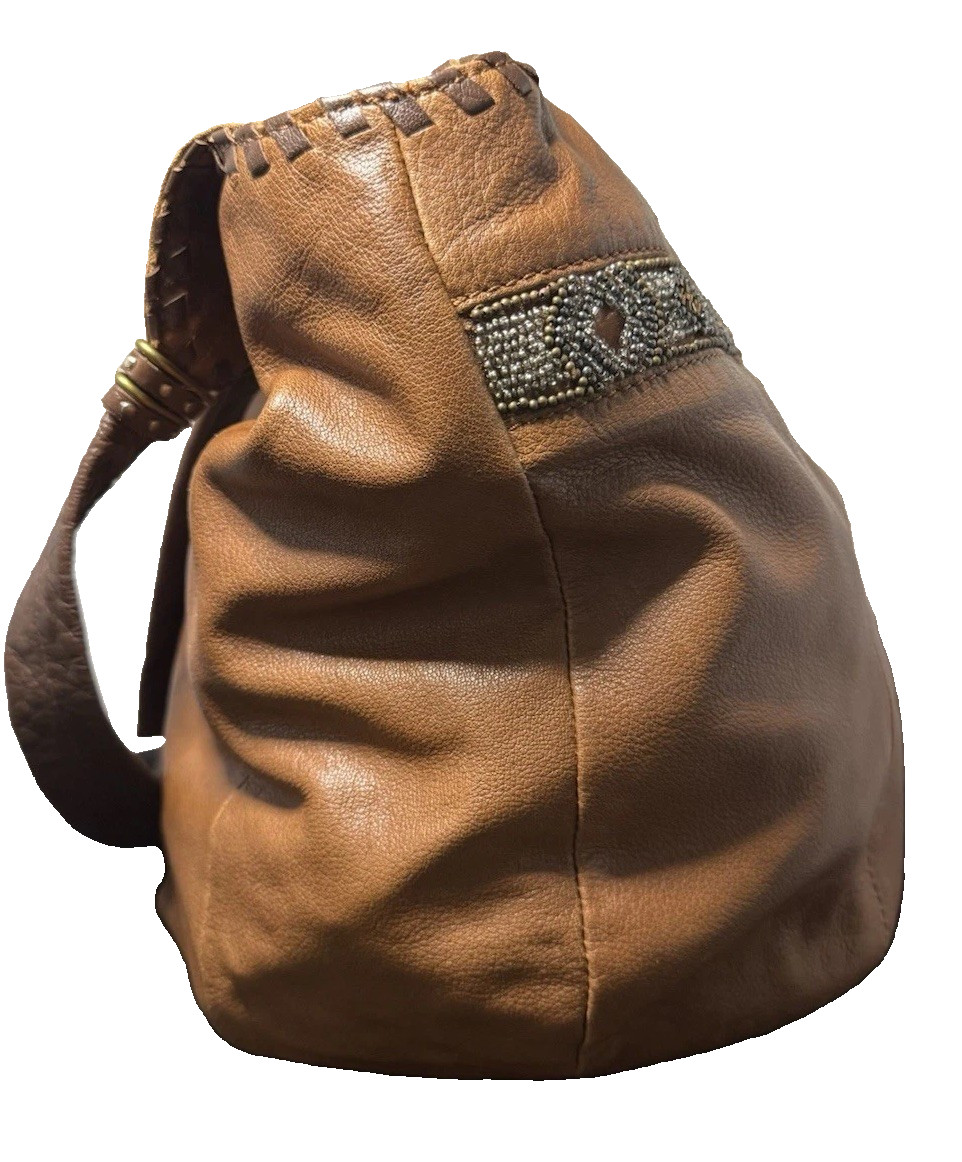 The Sak Indio Women Handbag Brown Leather Beaded Magnetic Inner Pockets Hobo Bag