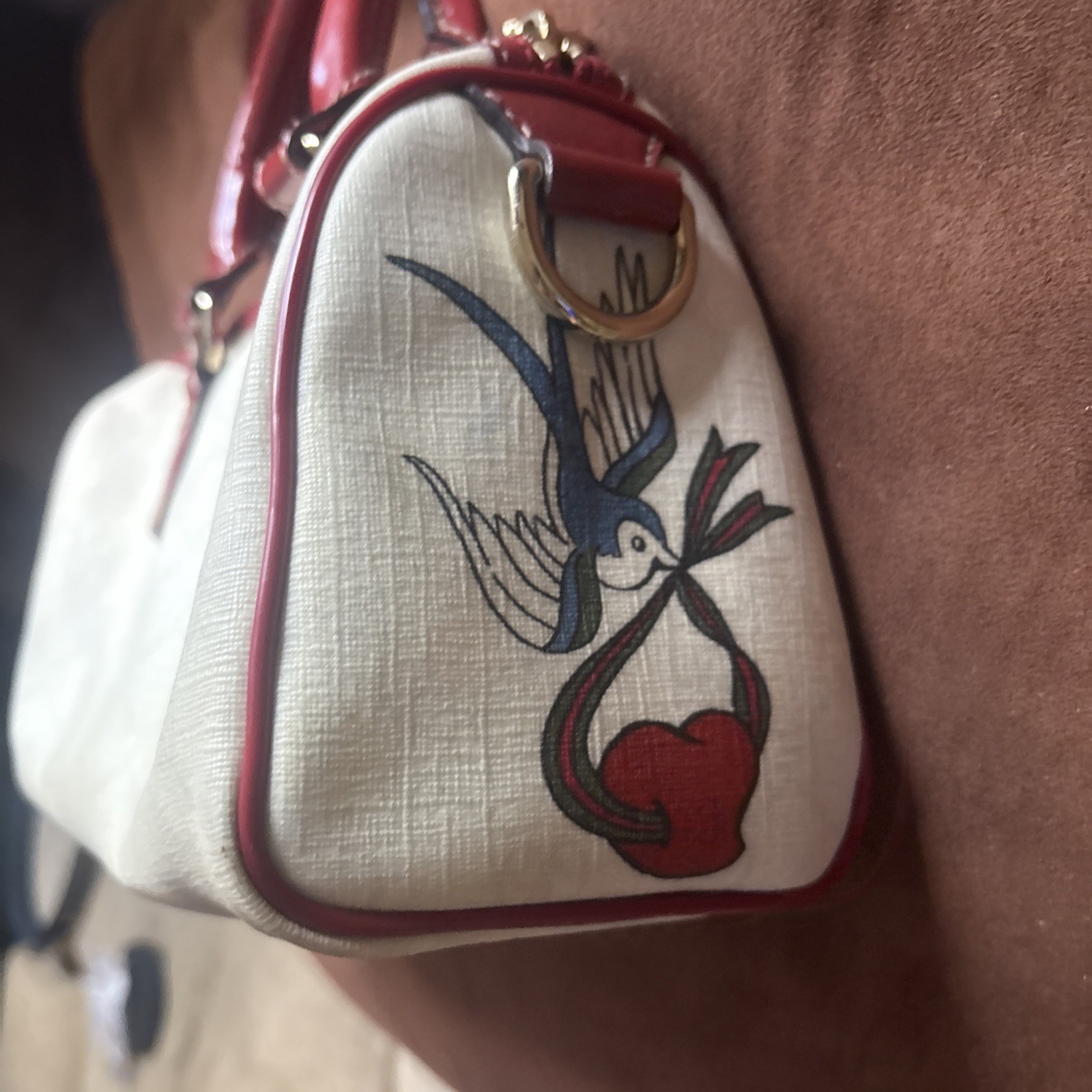 Gucci Small Supreme Joy Tattoo PVC Canvas Heart Boston Bag Off White Used Read