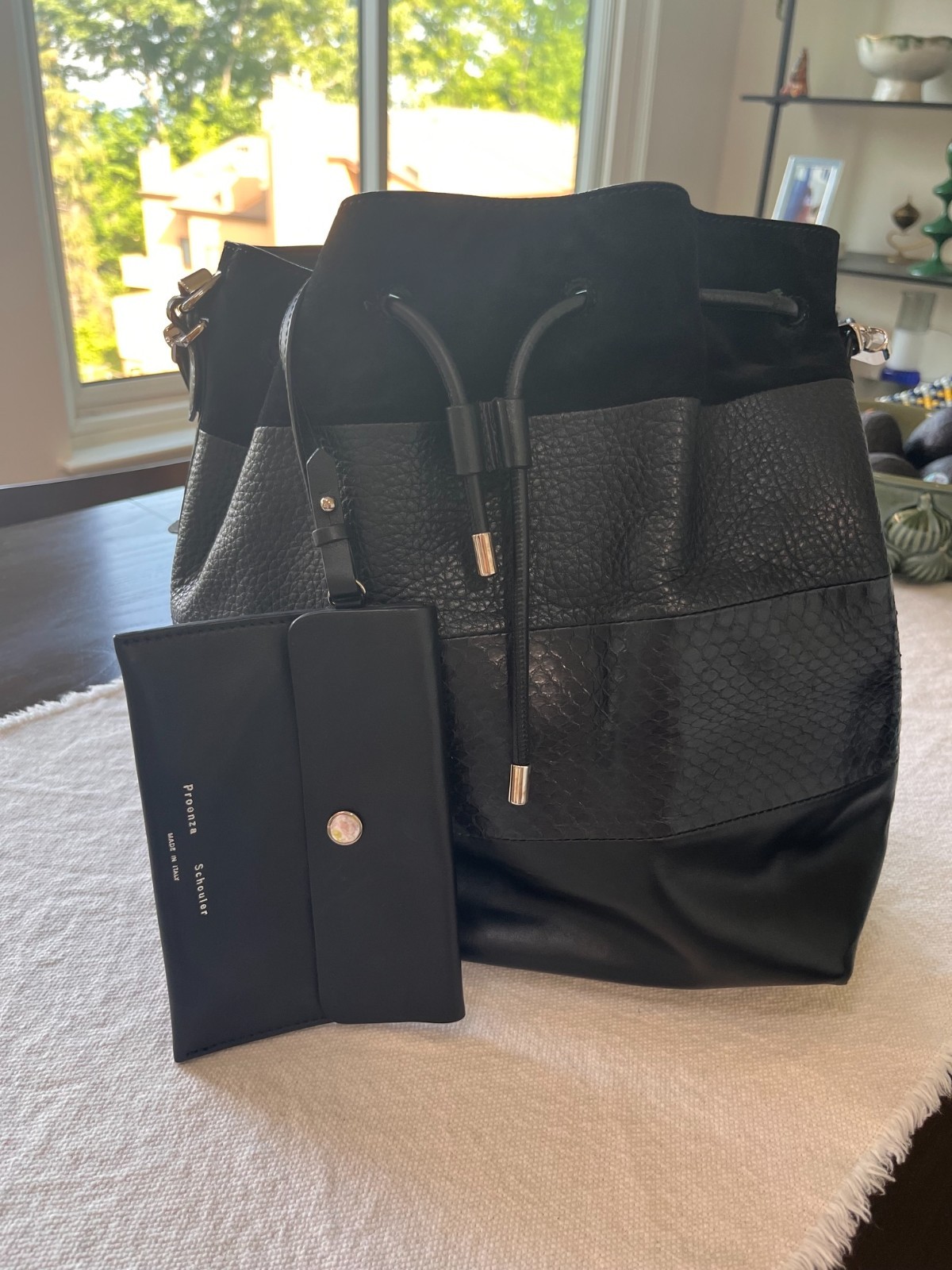 Proenza Schouler Black Leather Bucket Tote Shoulder Bag W/ Drawstring + Dust bag