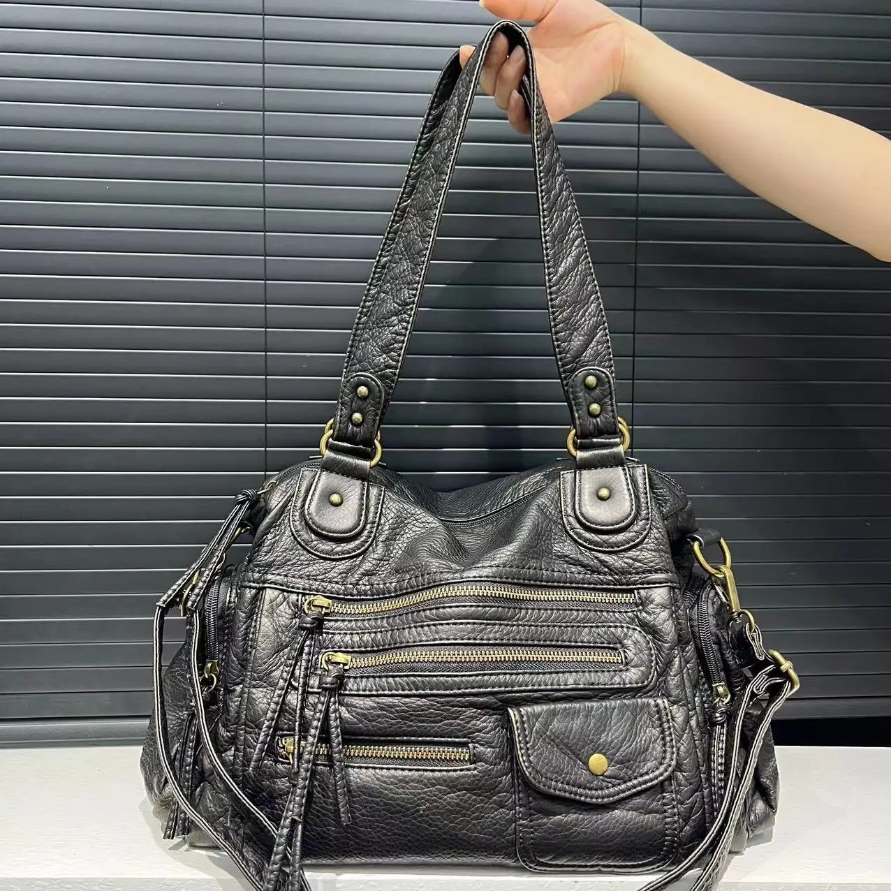 “Y2K Vintage Washed Leather Crossbody Bag Large Capacity Multi Pocket Shoulder”