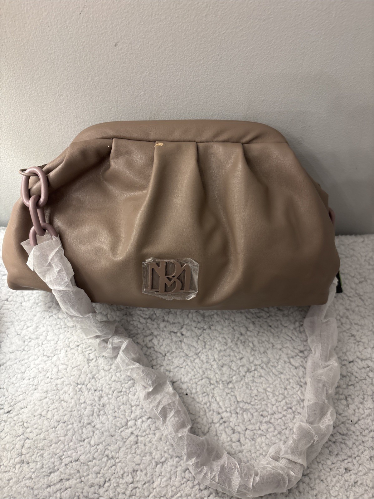 Badgley Mischka Wrapped Frame Clutch Chain Strap Taupe Vegan Leather NWT