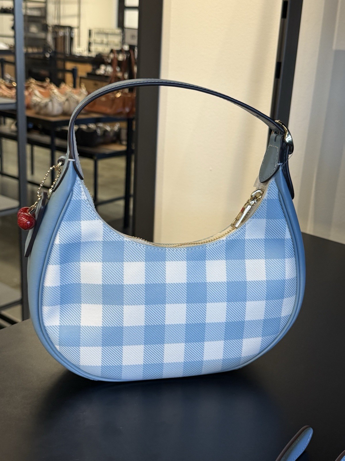 Coach Emily Shoulder Bag Gingham Print and Charm in Gold Blue Multi CEN07 new