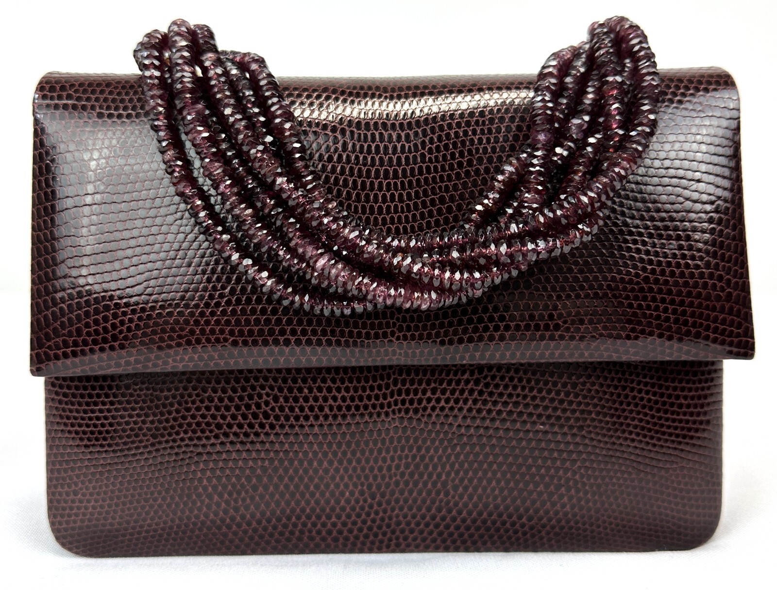 DARBY SCOTT Garnet Handles Mini Jeweled Necklace Handbag Wine Red Lizard Leather