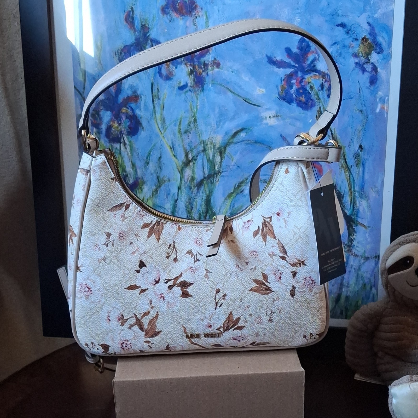 Nine West White Floral Shoulder/Crossbody Top Handle Zip Gold Detachable Strap