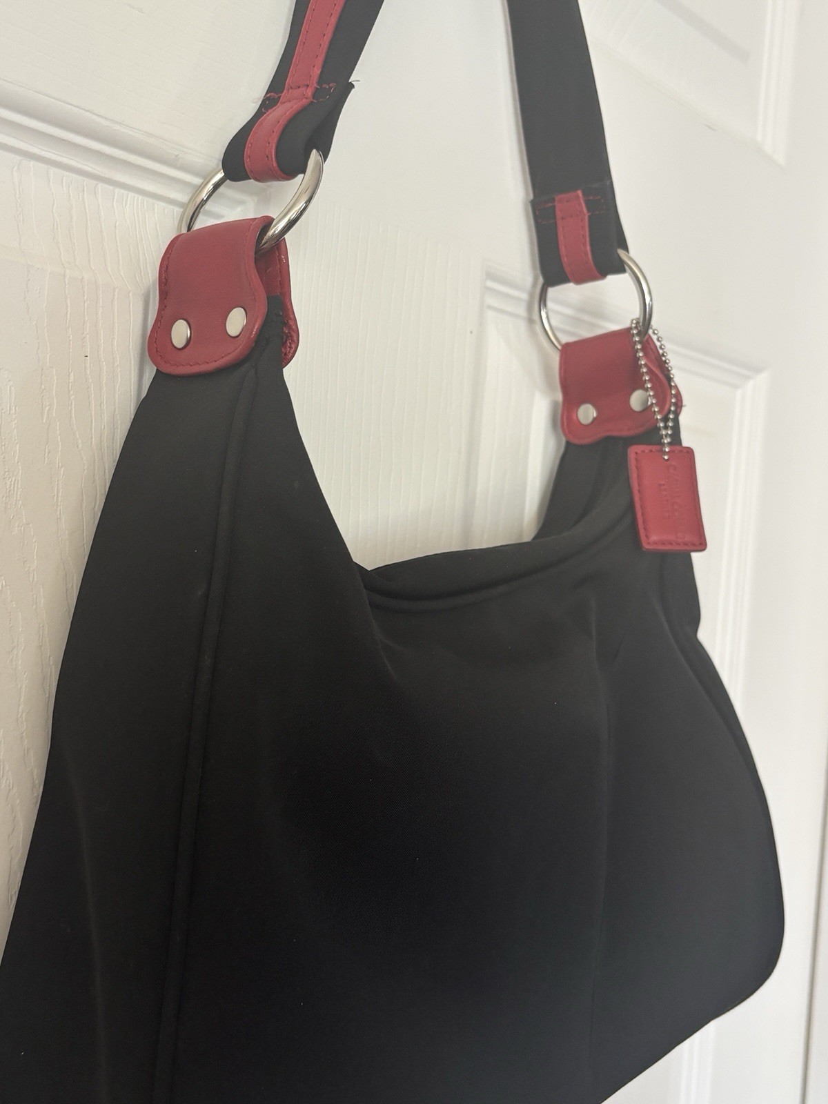 Casual Corner Black Purse With Red Trim Logo Charm Lined Shoulder Bag Retro Chic