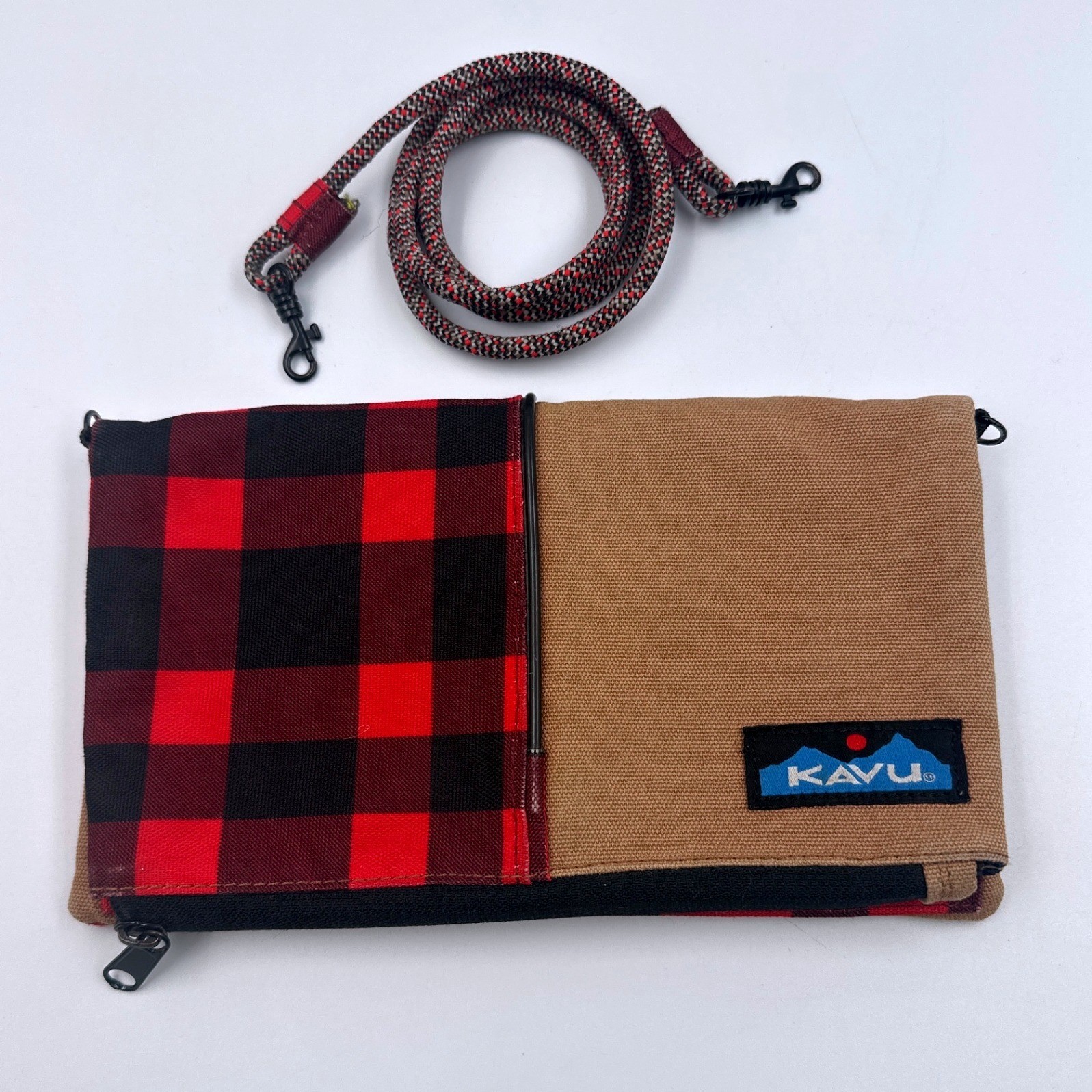 KAVU Canvas Red Black Plaid Overlap Crossbody Snap Closure Removable Rope Strap