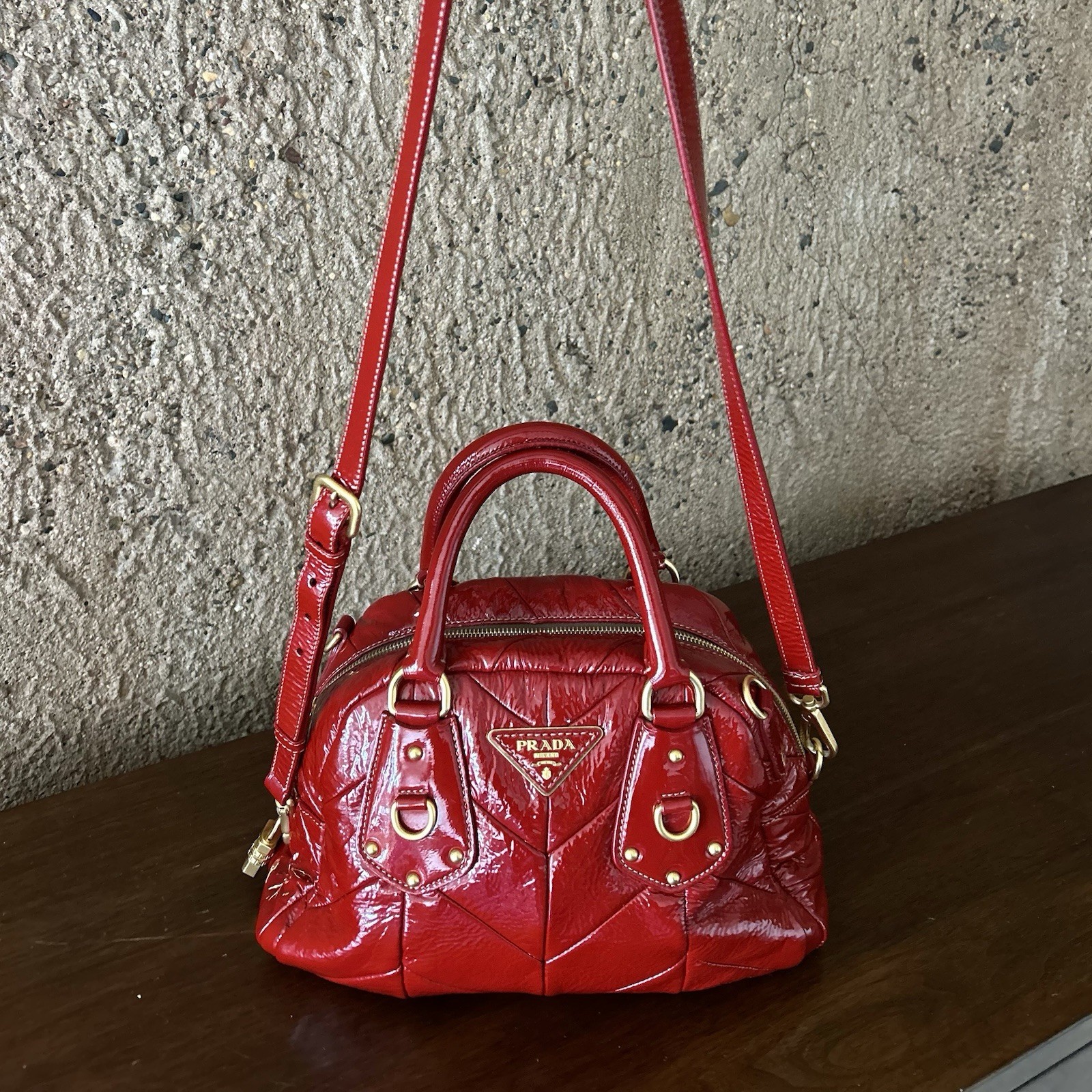 Prada Red Patent Quilted Satchel Top Handle Detachable Strap Gold Zip