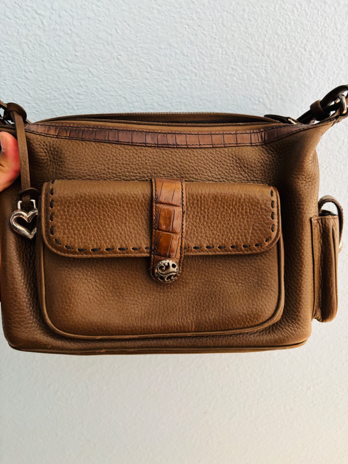 Brighton Brown Pebbled Leather Shoulder Bag Croc Trim Multi Pocket Purse