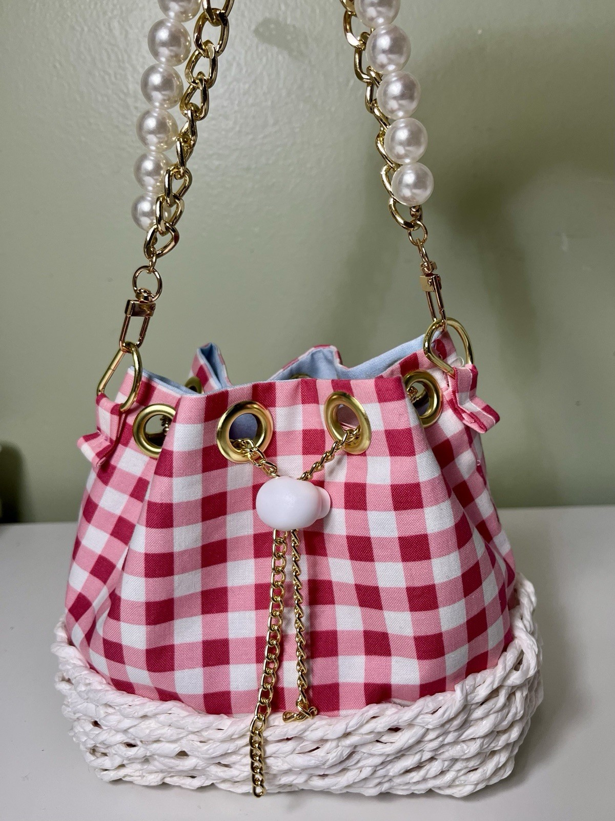 Purse Made By Claudia Disibio Gingham Ruby Fabric Chain Top Handle White Basket