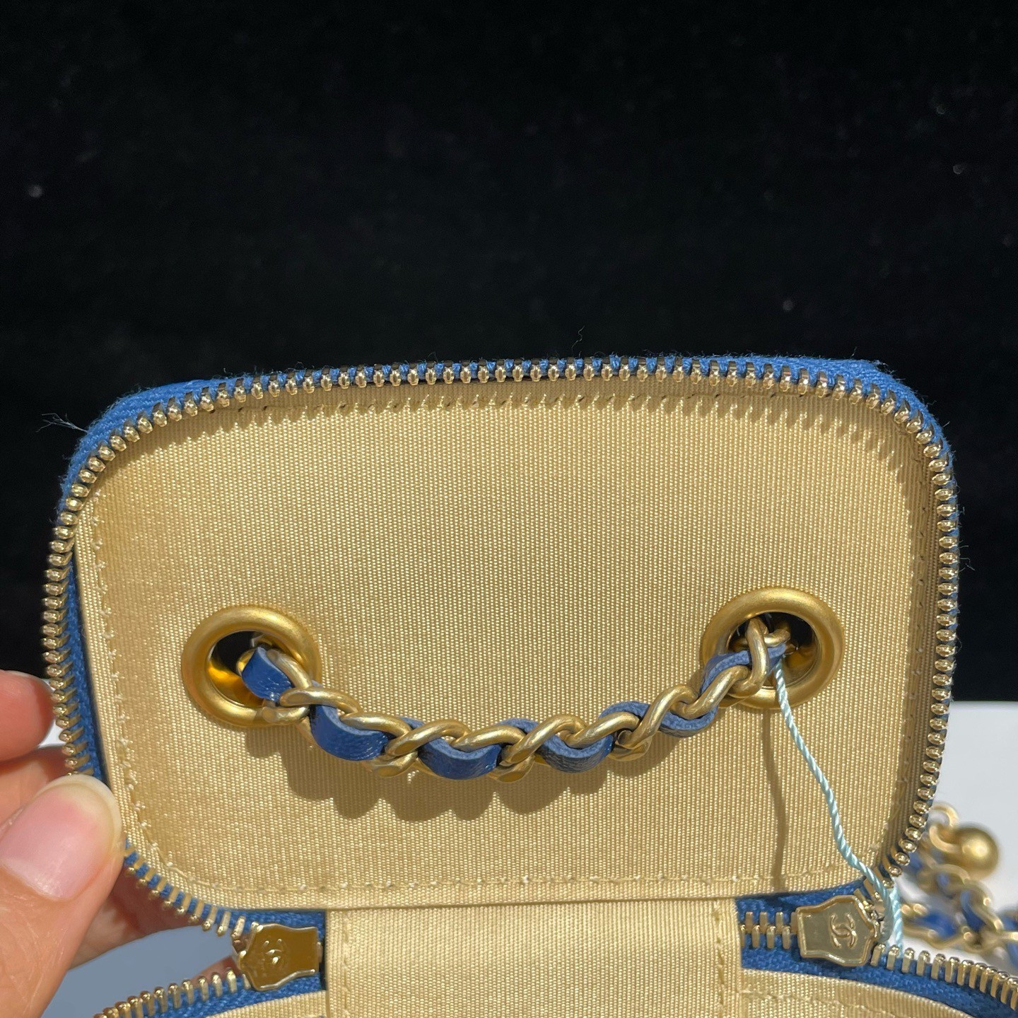 Chanel Vanity Case Quilted Leather Blue Mini Crossbody Bag Gold Ball Chain